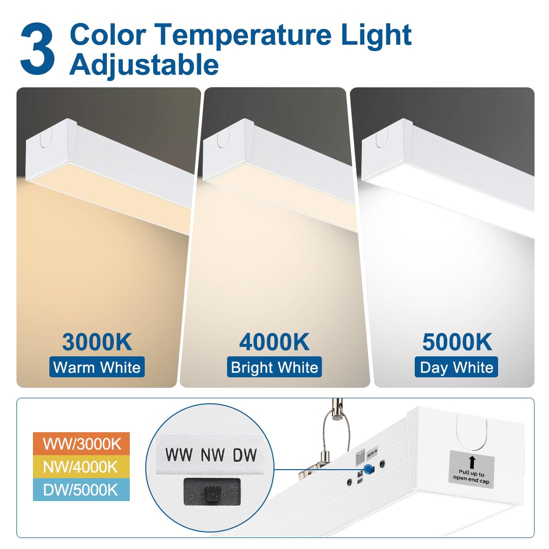 DAKASON 8FT LED Linear Light - 100/80/60W, 5000K, White, 4 Pack, Modern Flush Mount/Suspended Shop Lighting Fixture