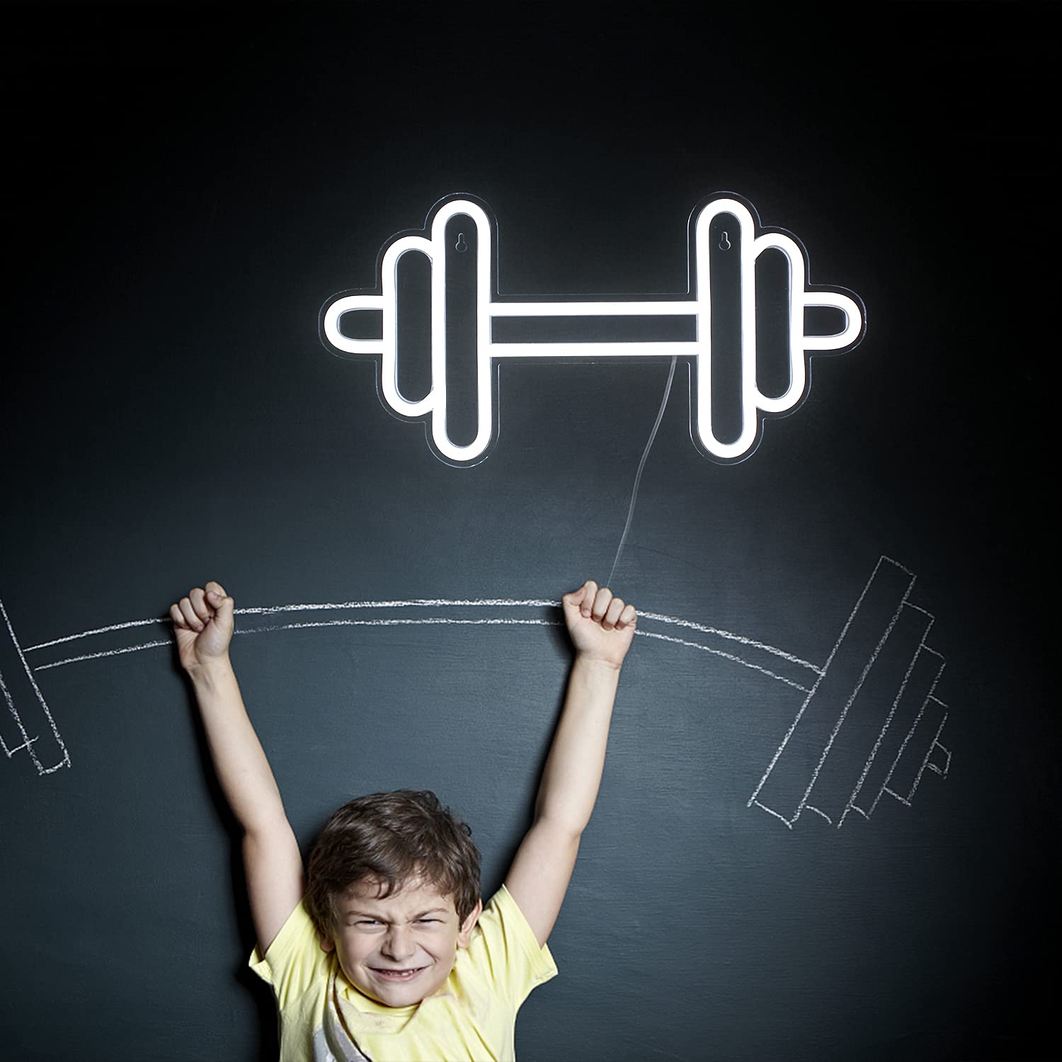 LUCUNSTAR Gym Neon Sign, Barbell Dumbbell Shape, LED Wall Decor, White, Model NS-DC-010-Dumbbells
