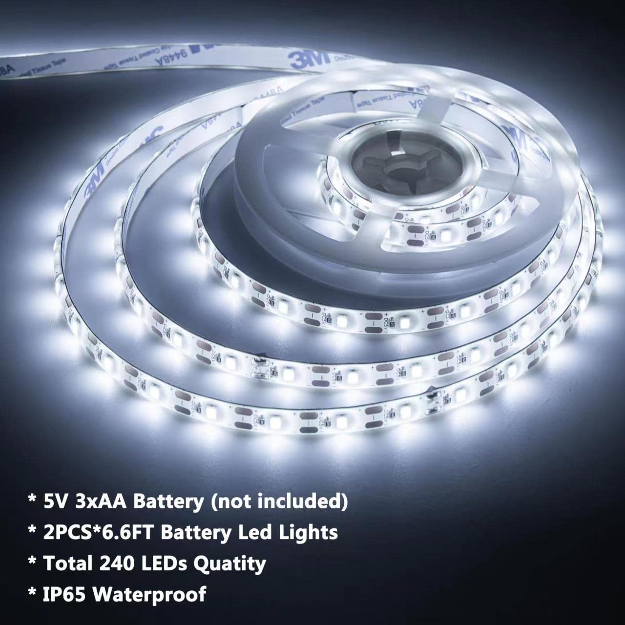 JUNWEN Battery Operated LED Strip Lights, 13.2ft, Daylight White, Waterproof, Dimmable, Remote Control, 2 Pack