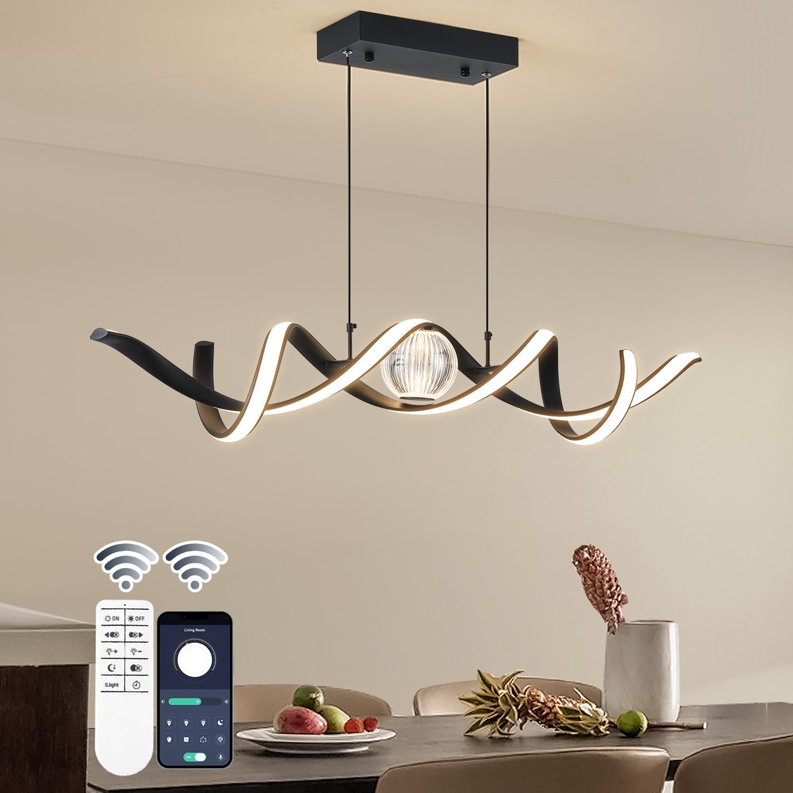Oranoor Led Modern Chandeliers For Dining Room, 39In Dimmable Black Chandelier Kitchen Pendant Lighting Over Island, Linear Wave