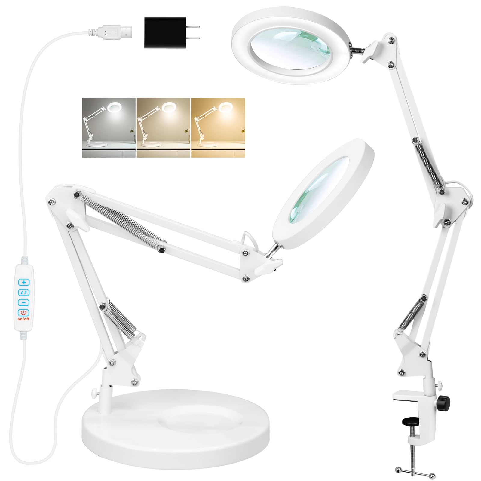KIRKAS 10X Magnifying Glass with Light, Stepless Dimmable LED Lamp, Clamp, White, Model 10X TJ-WHITE