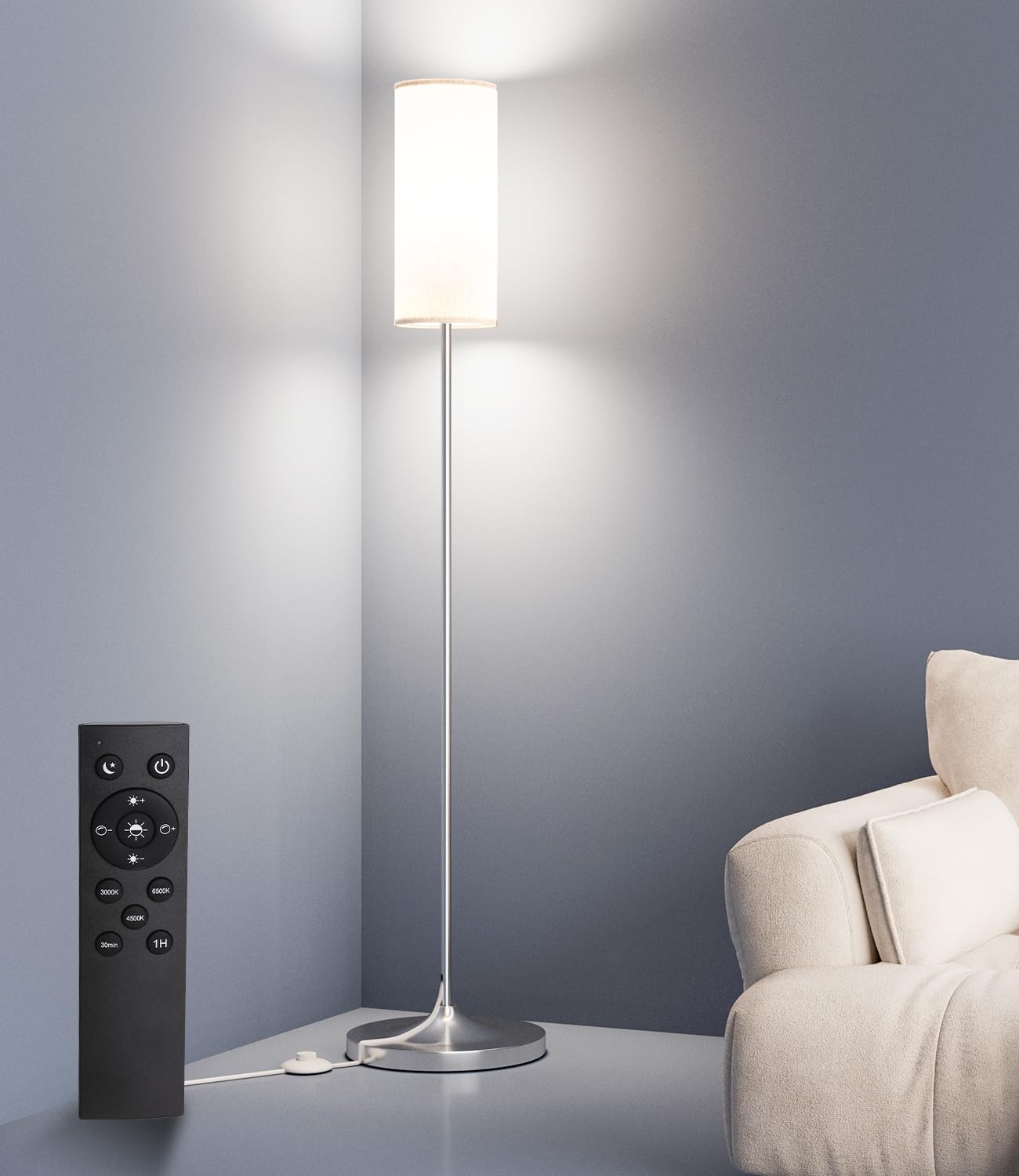 luckystyle LED Floor Lamp for Living Room, Dimmable Standing Lamps with Foot Switch,Remote Custom Color Temperature Silver Pole 