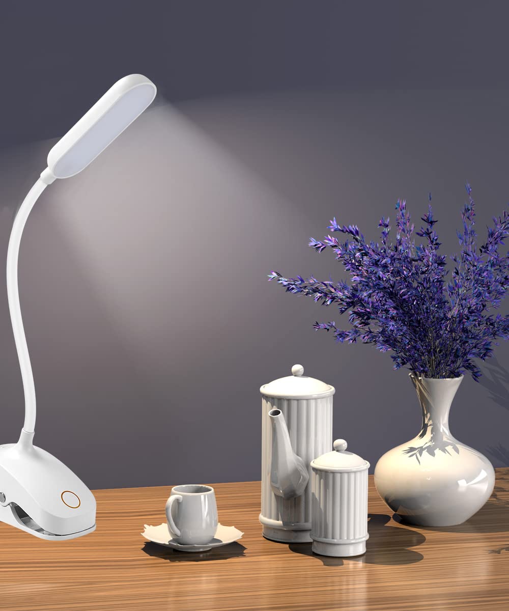 Colorlife Clip-On Desk Lamp - 7W Rechargeable Gooseneck Light, White, Model Cl-Dw01, Stepless Brightness For Reading & Work