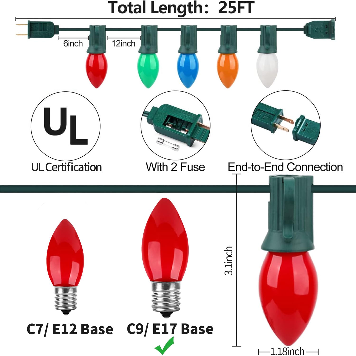 Pasuto C9 Multicolor Christmas Lights - Waterproof Outdoor And Indoor Christmas Tree Lights Ul Certified With 25 Lights With 1 E