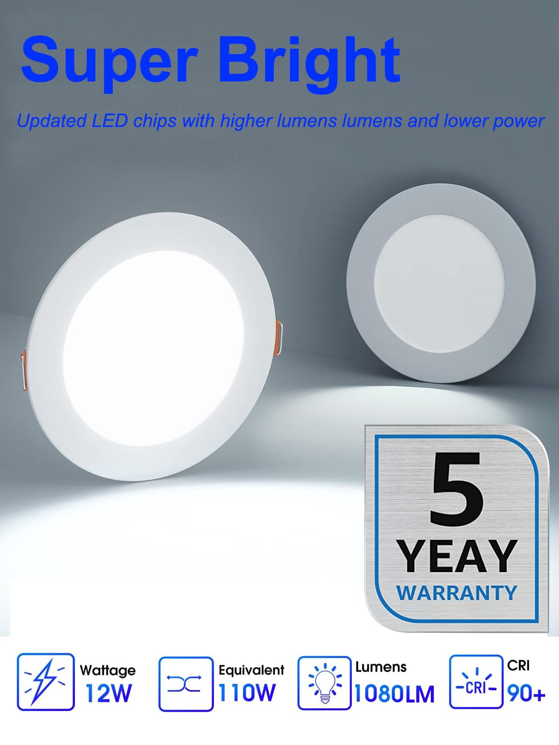 Linluxstar 12 Pack 6 Inch Ultra-Thin LED Recessed Ceiling Lights, 6000K Daylight, 12W, Aluminum, Model LX-6-12