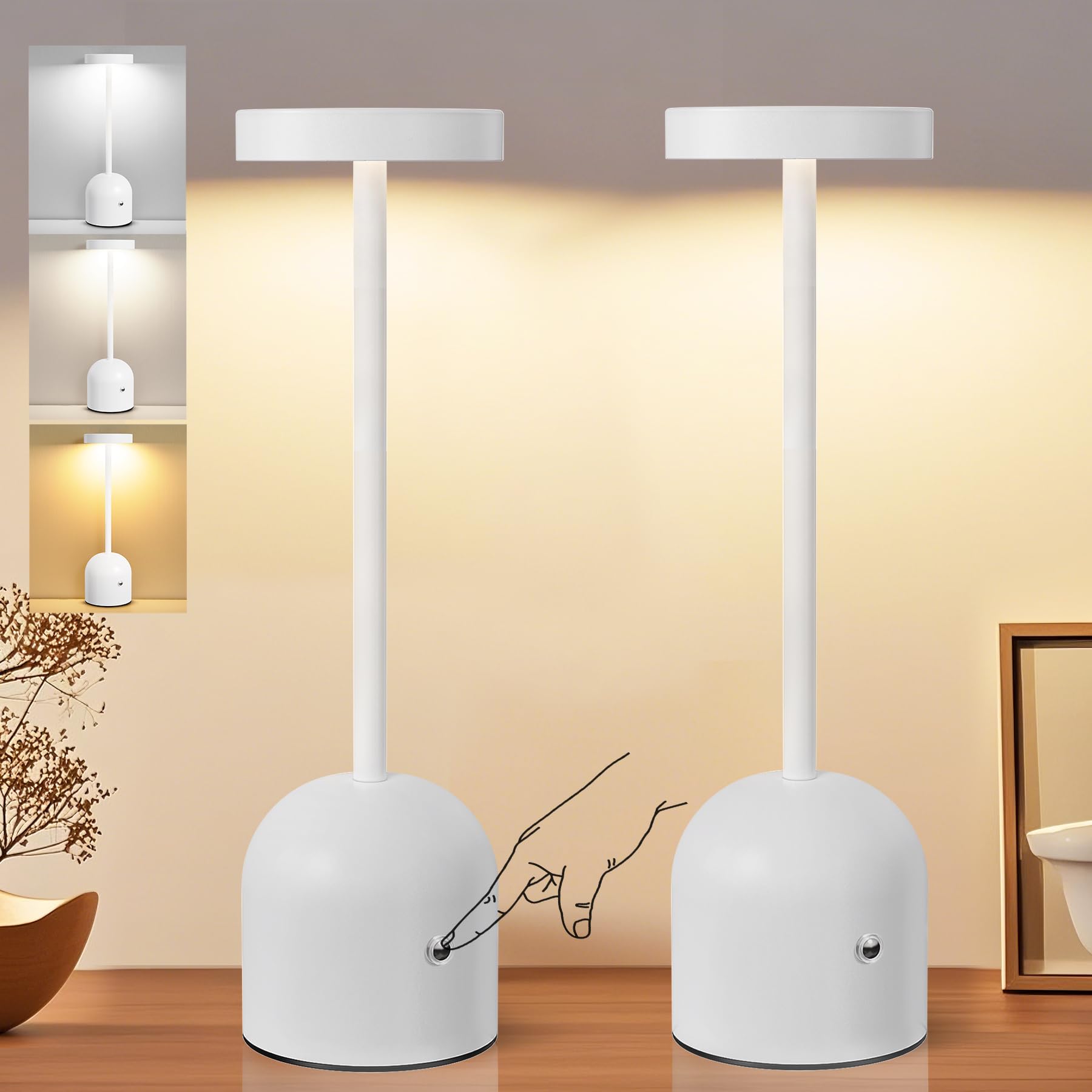 Yacoto Cordless Table Lamps, 2 Pack, 5000mAh Rechargeable, LED, White, Model DJ-018-3