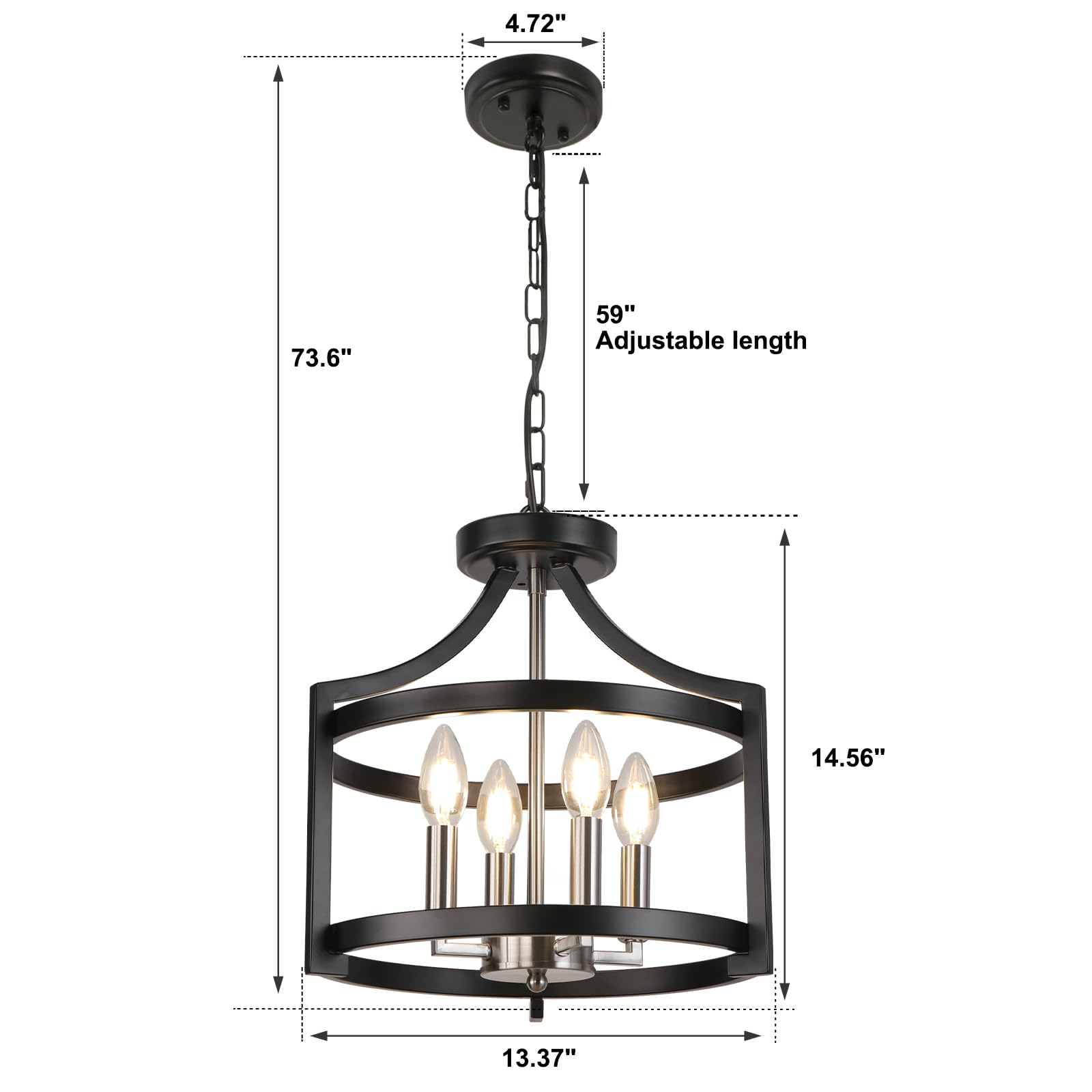 Lynpon Black And Brushed Nickel Chandelier 4 Lights, Modern Farmhouse Convertible Semi Flush Mount Ceiling Light, Rustic Round C