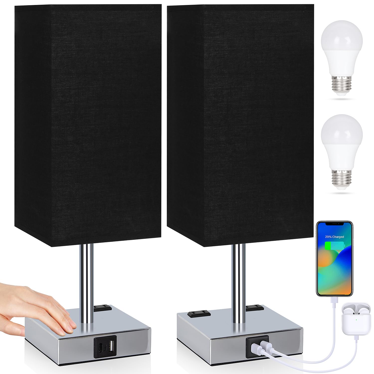 Soilsiu Bedside Table Lamp Set of 2, 3-Way Dimmable, USB C & A Ports, 3000K LED Bulbs, Black, Model TD-018