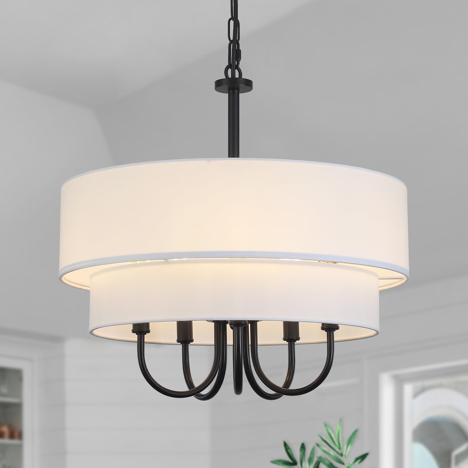 Drum Chandelier With Shades 5 Light 2-Layer Fabric 18    Modern Black Chandelier Farmhouse Chandeliers For Dining Room Round Lar