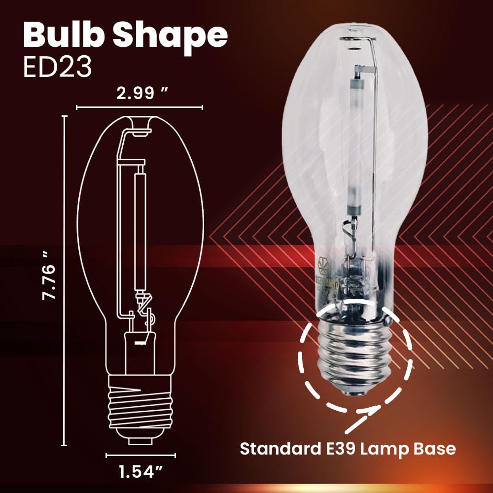 Gruotvszak Mogul Base (E39)  Lu150/Mog 150 Watt High Pressure Sodium Light Bulb  Ansi Code S55  16500 Lumen  24000 Life Hours  Ed23 Clear Bulb  2100K