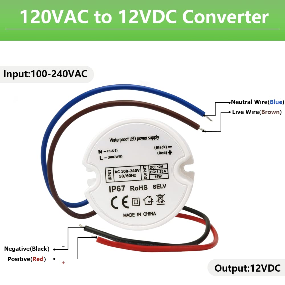 Makergroup 12V LED Power Supply Driver, IP67 Waterproof, 15W, Engineering Plastic, White/Blue, Model MK-PS, 1-Pack