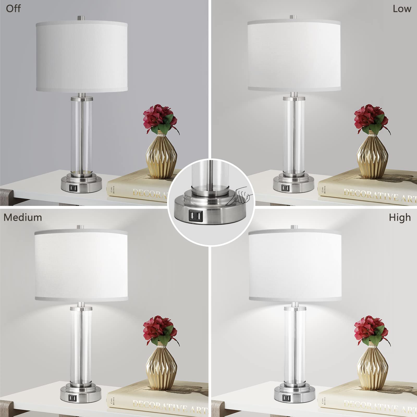 QiMH Touch Control Table Lamps Set of 2, 3-Way Dimmable, USB Ports, Silver, Modern Nightstand Lamp with 2 LED Bulbs