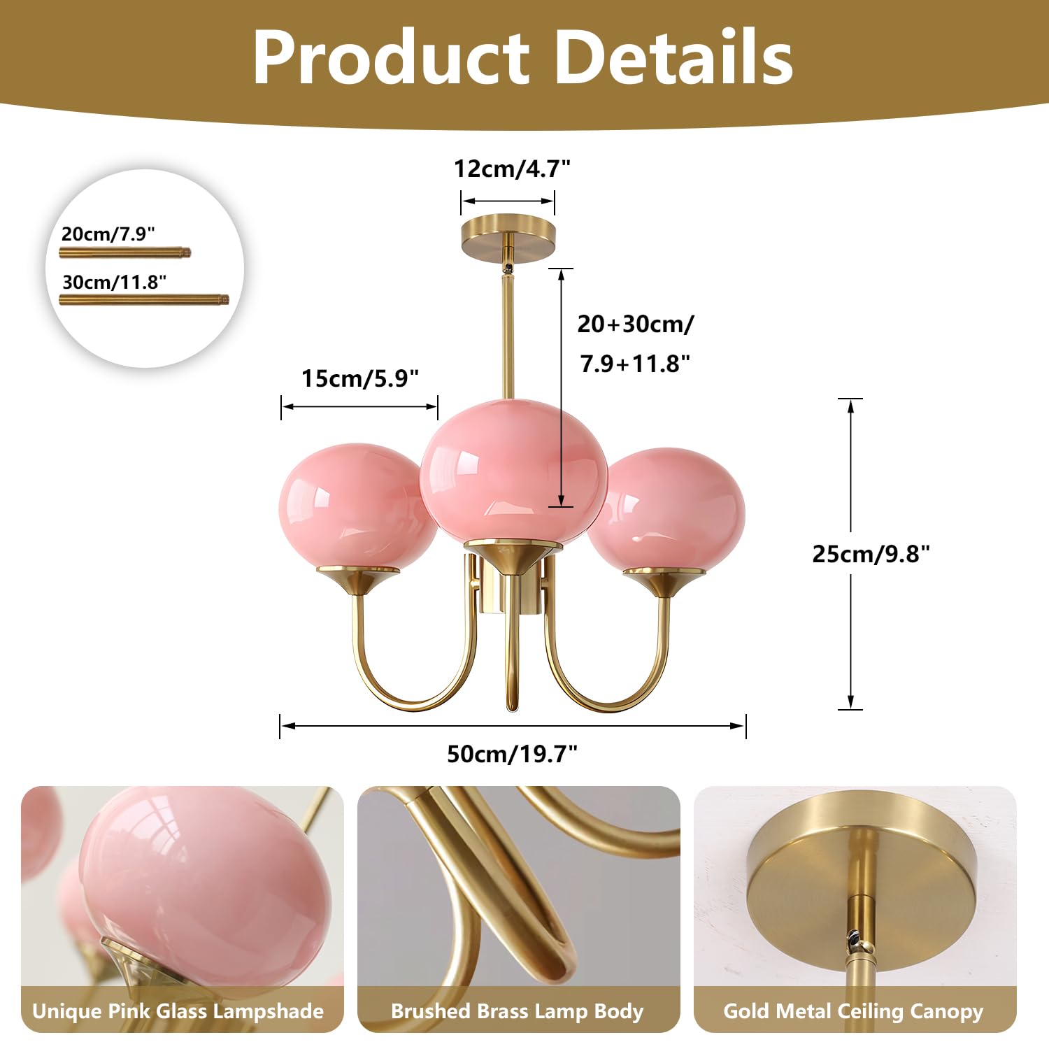 BOKT Modern Pink Sputnik Chandelier, 3-Light Brushed Gold Fixture, Adjustable Height, Mid Century Design, Model BP1110-3