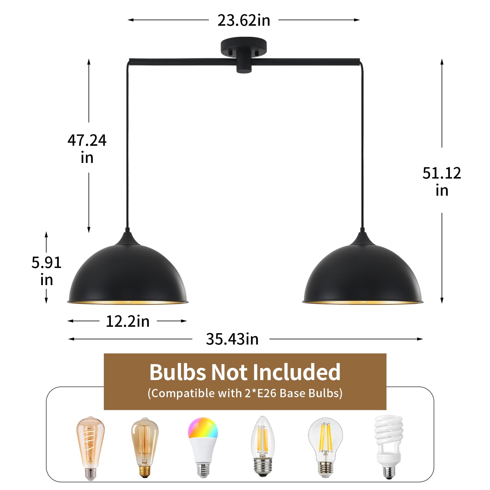 Miaybph Pendant Lights Kitchen Island, 2-Pack Dome Pendant Light Black And Gold Light Fixtures Industrial Vintage Hanging Pendan