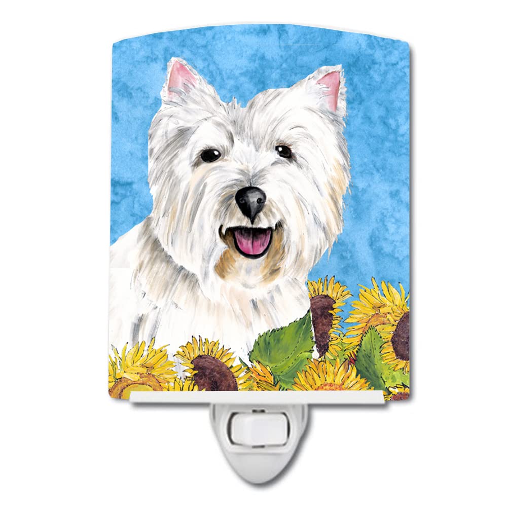 Caroline'S Treasures Sc9070Cnl Westie In Summer Flowers Ceramic Night Light Compact, Ul-Certified, Ideal For Bedroom, Bathroom, Nursery, Hallway, Kitchen, 6X4X3, Multicolor