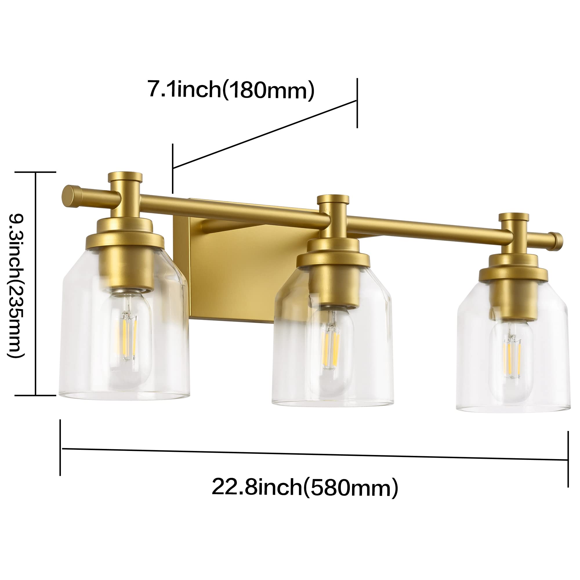 SOLFART 3-Light Bathroom Vanity Light Fixtures, Vintage Gold, Glass Shade with Metal, Over Mirror Wall Lighting