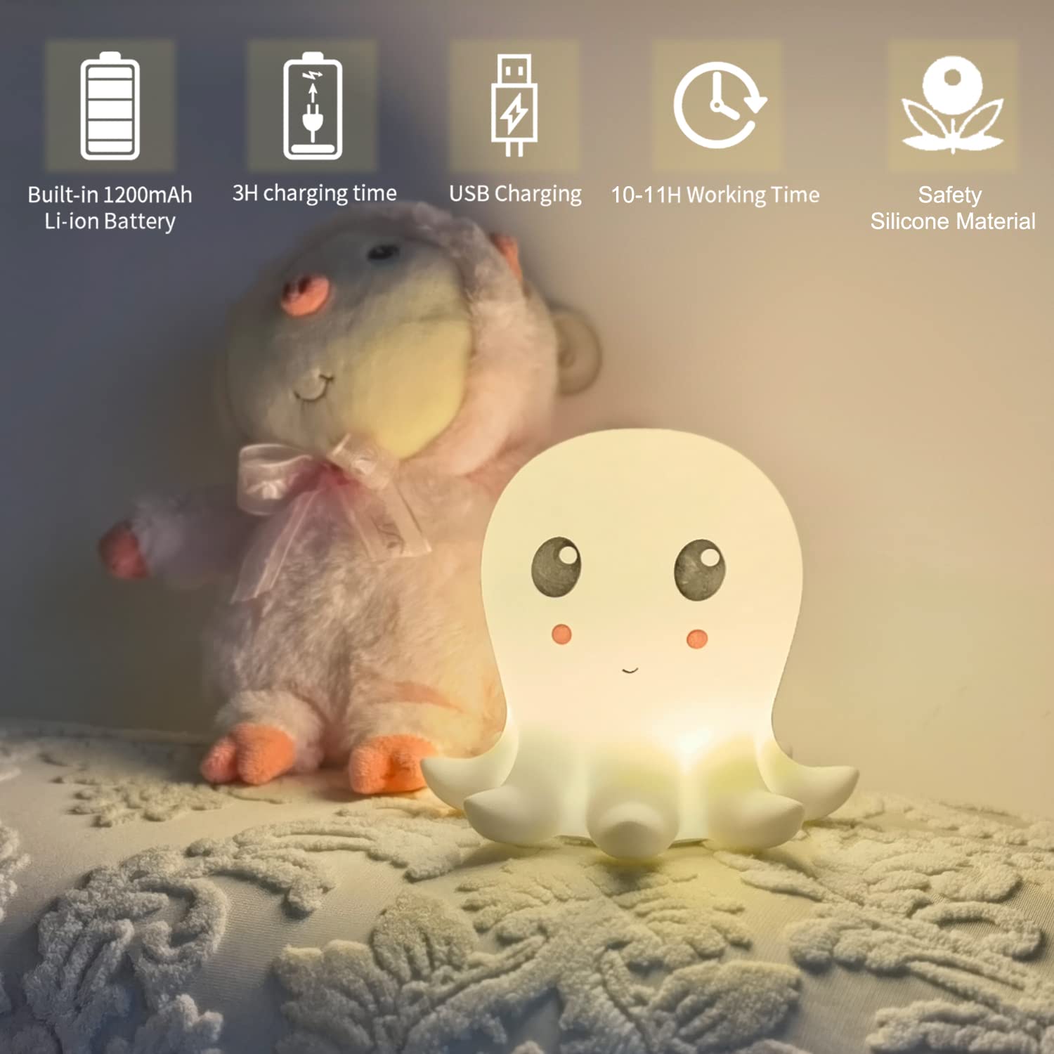 Cute Octopus Night Light - Soft Silicone Touch Lamp for Kids & Adults, 7-Color Changing Bedside Light, Safe USB-Rechargeable Nur