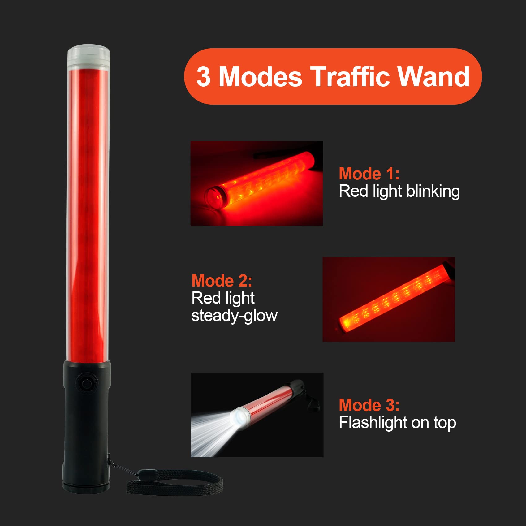 ELLUMIN Traffic Wand, 14-inch Blue Traffic Control Baton with 3 Flashing Modes, Night Safety Signal LED Wand with White LED on T