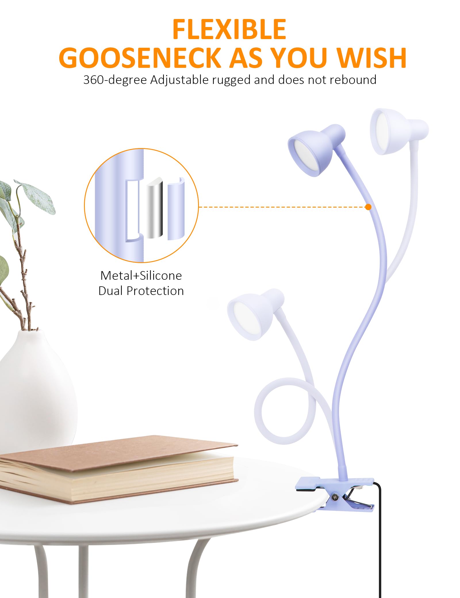 Lifmira Clip On Lamp Usb Reading Light, 3 Color Modes, 10 Brightness Dimmable, Flexible Gooseneck Desk Lamp With Clamp, Eye Care