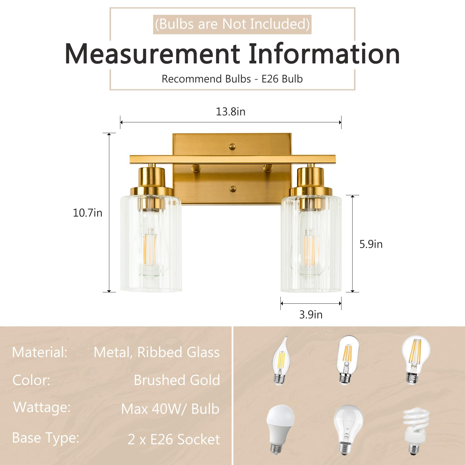 Jonsi Gold Bathroom Light Fixtures, 2 Light Brushed Gold Bathroom Vanity Lights With Fluted Glass Shade, Modern Gold Bathroom Lights Over Mirror, Vanity Lighting Fixtures, X003W-2Agb