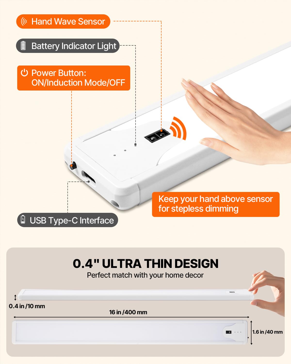 16 Inch Under Cabinet Light, Hand Wave Sensor 83 Led Indoor Cabinet Lighting, Usb Rechargeable Cordless Closet Light, Stepless D