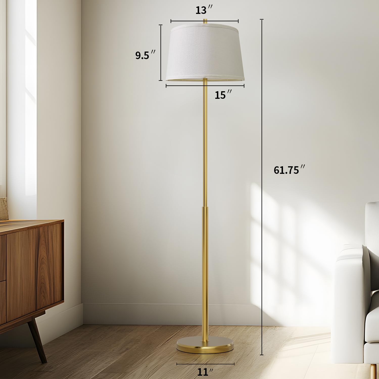 Oneach 61'' Floor Lamp For Living Room, Gold Modern Standing Lamp With White Linen Shade, Brass Tall Pole Light With Rotary Swit