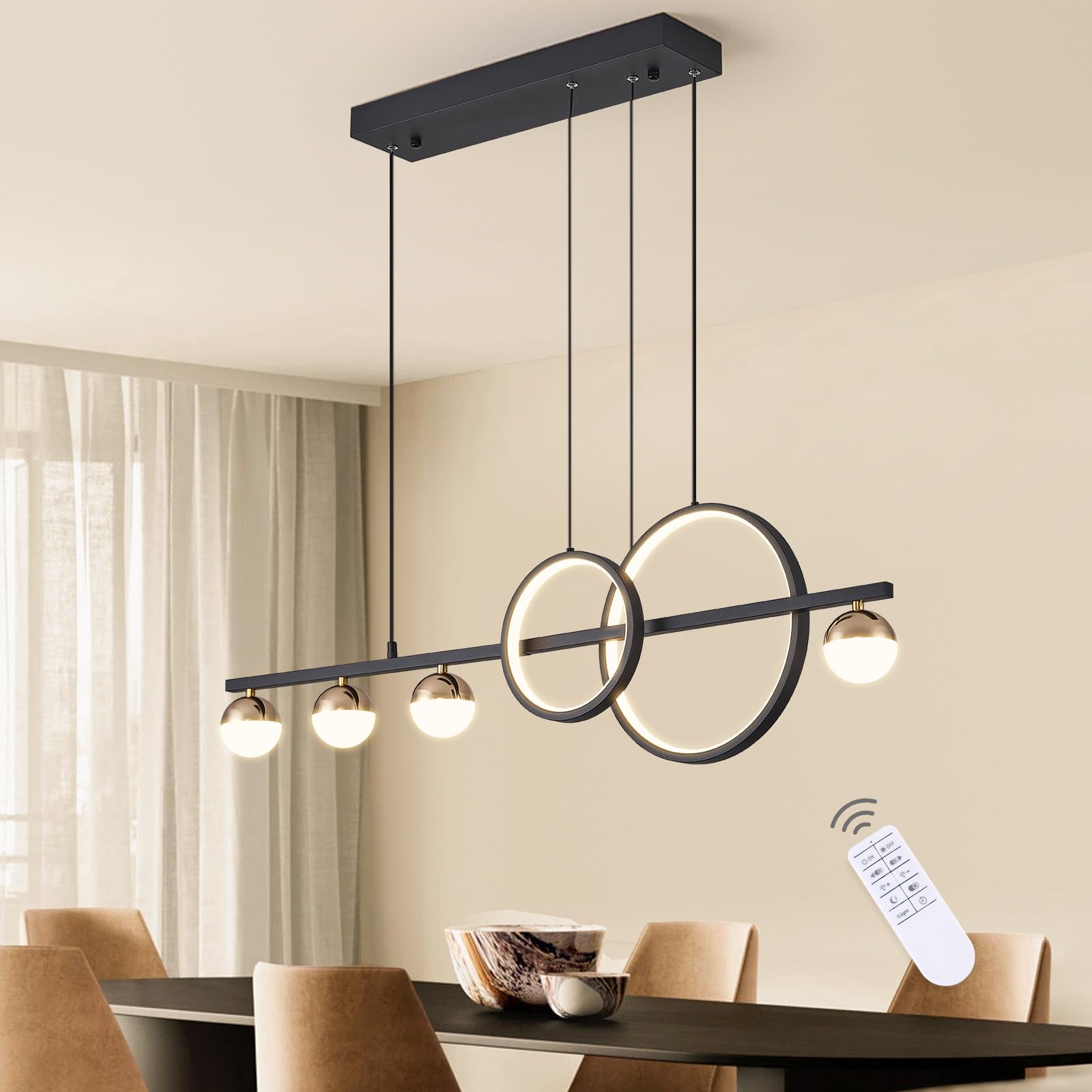 Oranoor Modern Black Gold Chandeliers For Dining Room, Dimmable Led Chandelier Linear Pendant Light For Kitchen Island, 39In Globe Haning Pendant Chandelier Lighitng With Remote (2 Rings, 3000Lm)