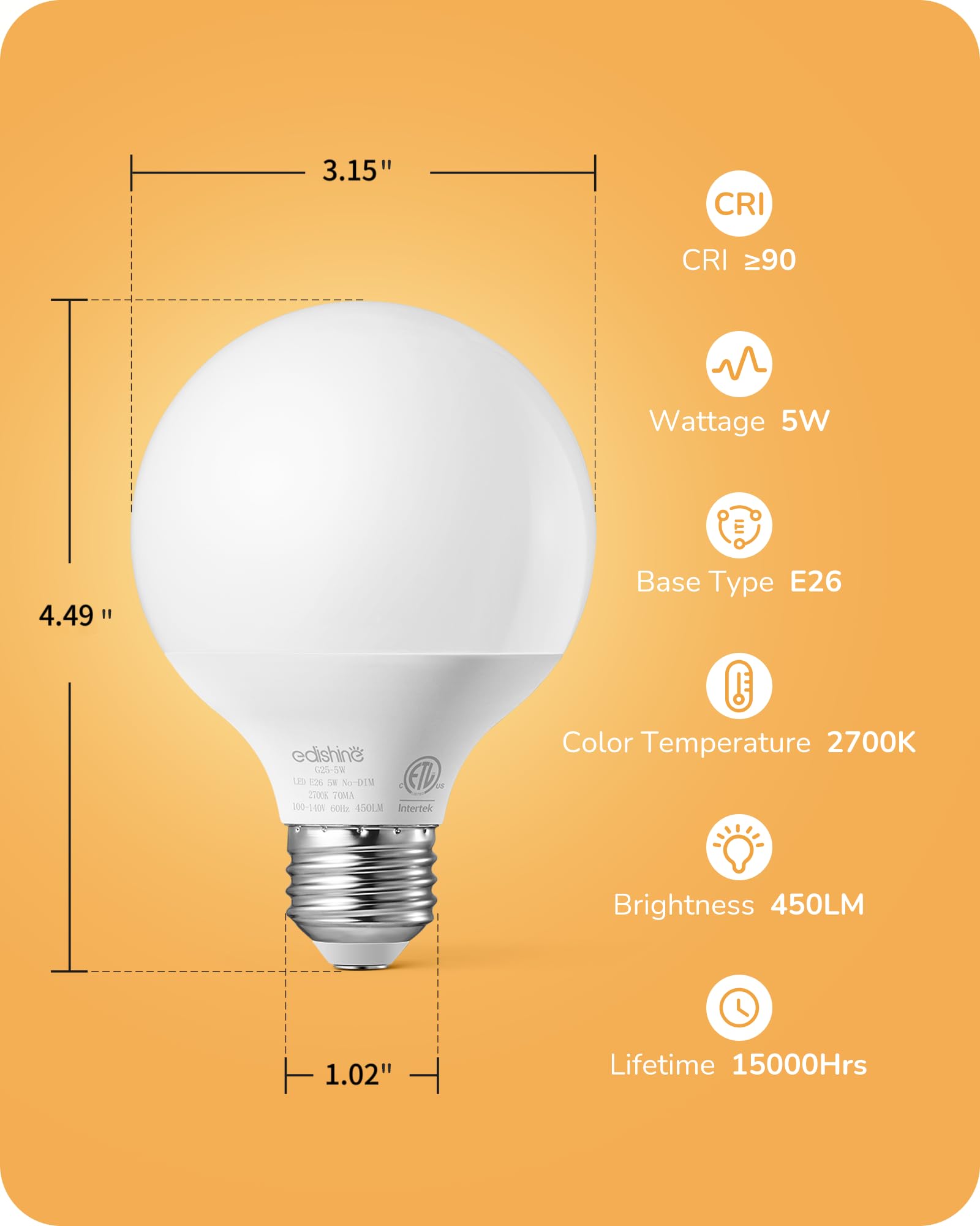 Edishine Vanity Light Bulbs, G25 Led Bathroom Light Bulbs, 25 Watt Equivalent Globe Light Bulb, Cri90+ 2700K Warm White 450Lm, E