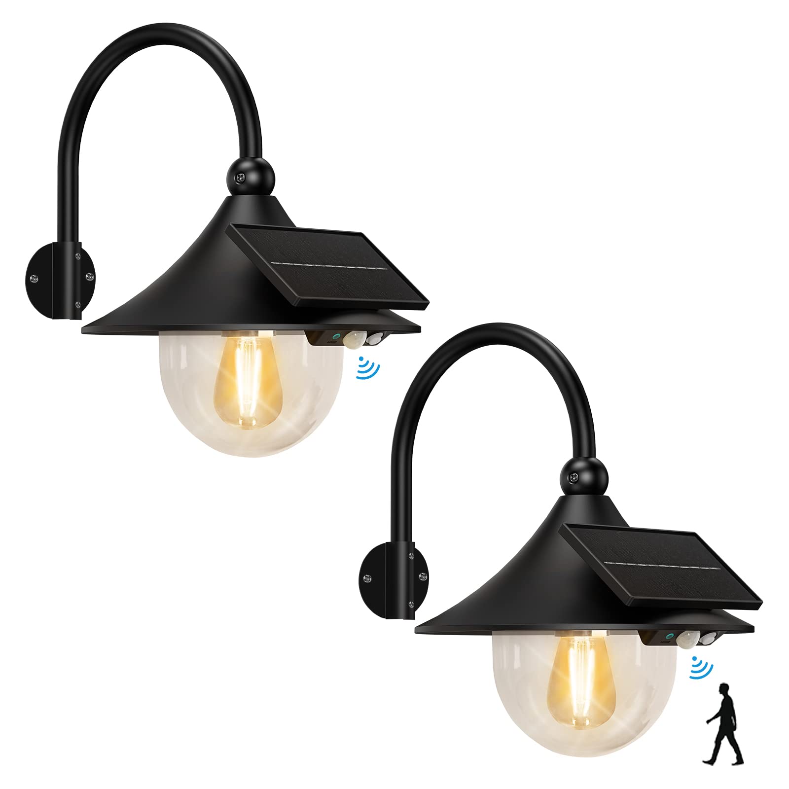 Aqonsie Solar Barn Lights Outdoor, 3 Lighting Modes, Motion Sensing, Black (2 Pack), Waterproof Metal Wall Mount