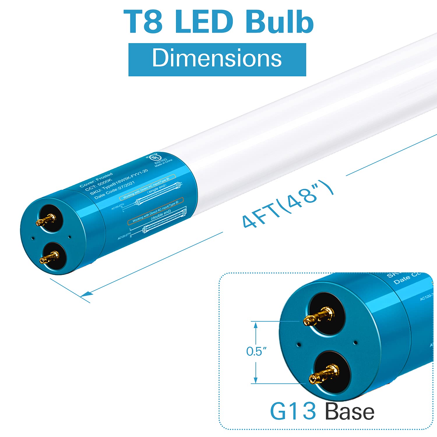 Hykolity 20 Pack 4Ft Led T8 Ballast Bypass Type B Light Tube, 18W, 2400Lm For Single-Ended & Dual-Ended Connection, 5000K, Frost