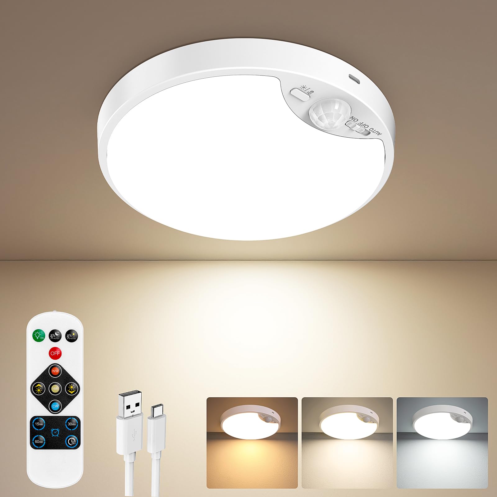 10000mAh Rechargeable Motion Sensor Ceiling Light with Remote, Battery Operated Closet Light No Wiring, Magnetic Wireless LED Ce