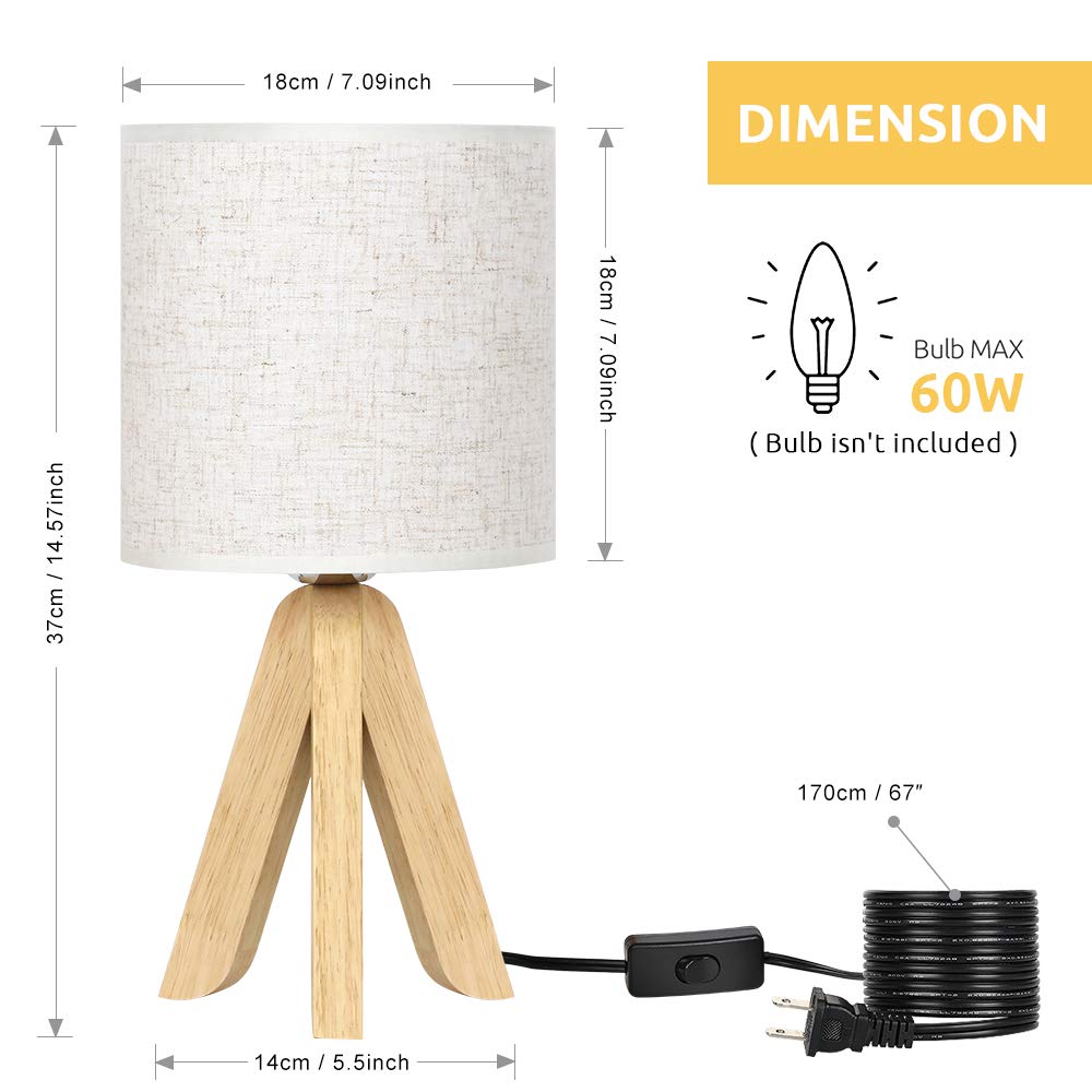 Haitral Small Wooden Tripod Table Lamps Set Of 2 With Linen Shades For Bedroom & Living Room