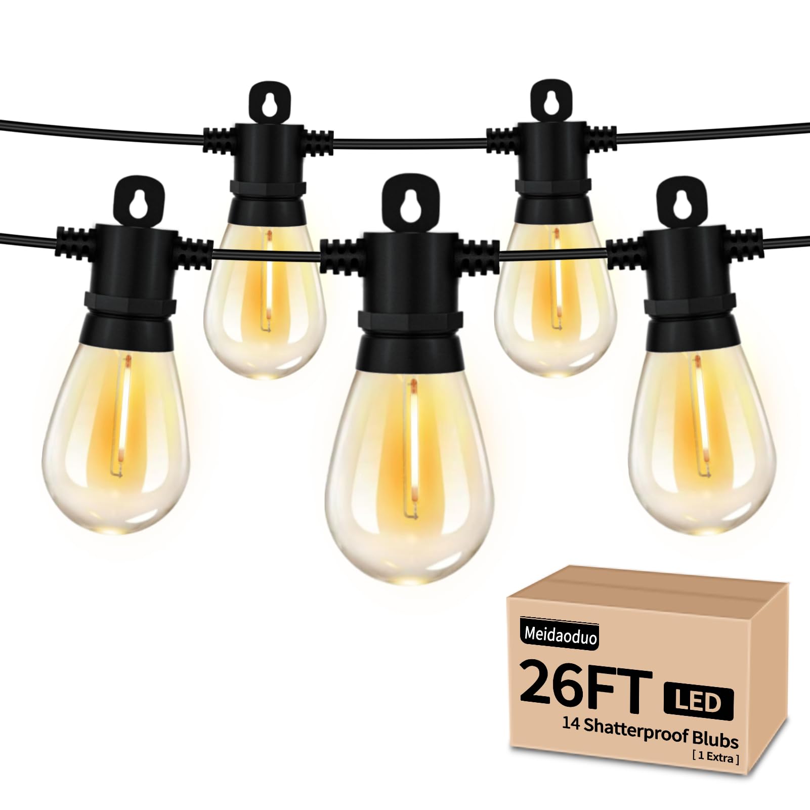 Meidaoduo Outdoor String Lights 26FT 13+1 S14 Bulbs IP65 Waterproof 2200K Copper