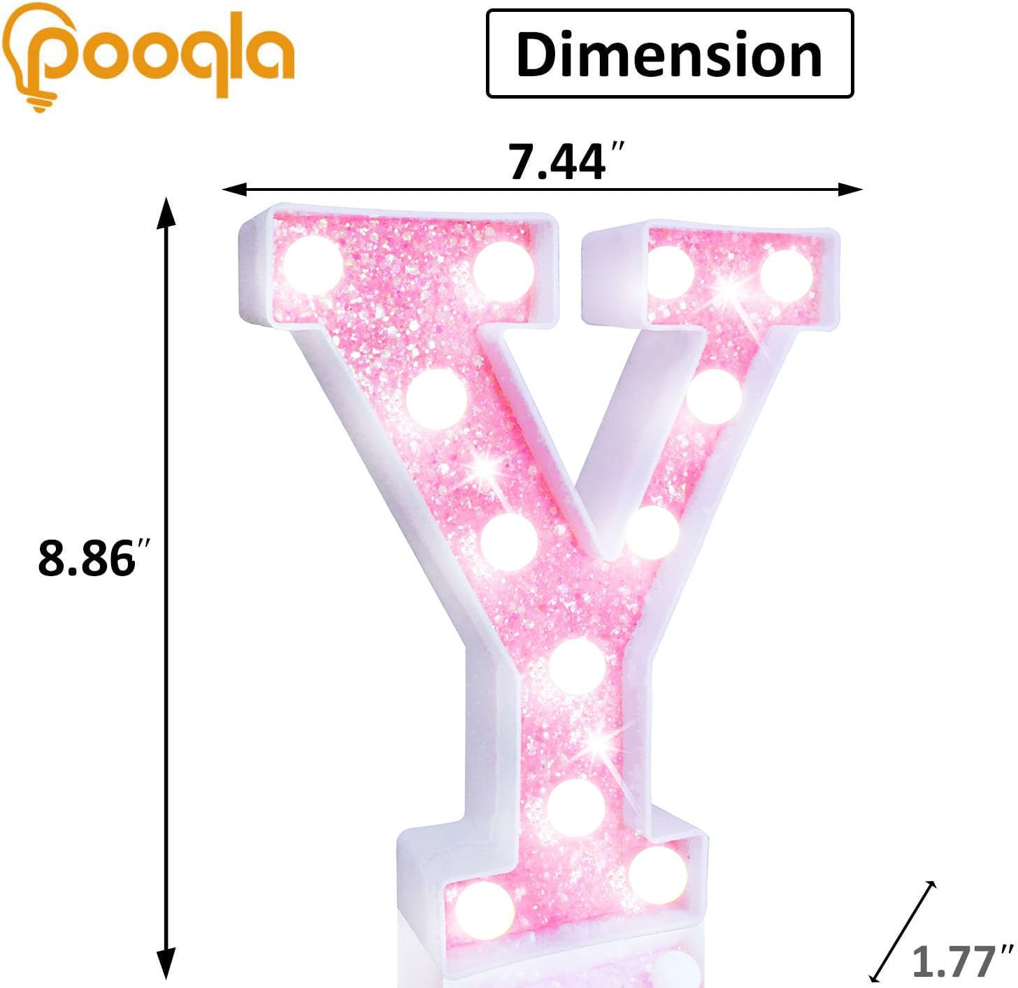 Pooqla Led Marquee Letter Lights  Light Up Letters Glitter Letter Sign Girls Gift  Battery Powered Night Light Pink Birthday Party Room Wedding Christmas Girls Bedroom Dorm Decoration  Cool White Y