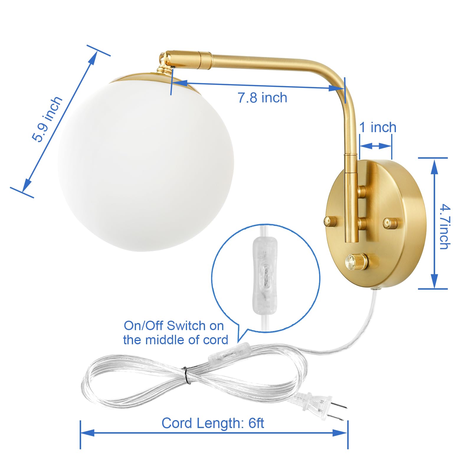VATONI Dimmable Wall Sconces, Swing Arm Lights with Dimmer, 2 Pack, Gold & Milky White Glass Globe, Model LSlamp-Miglash-2P