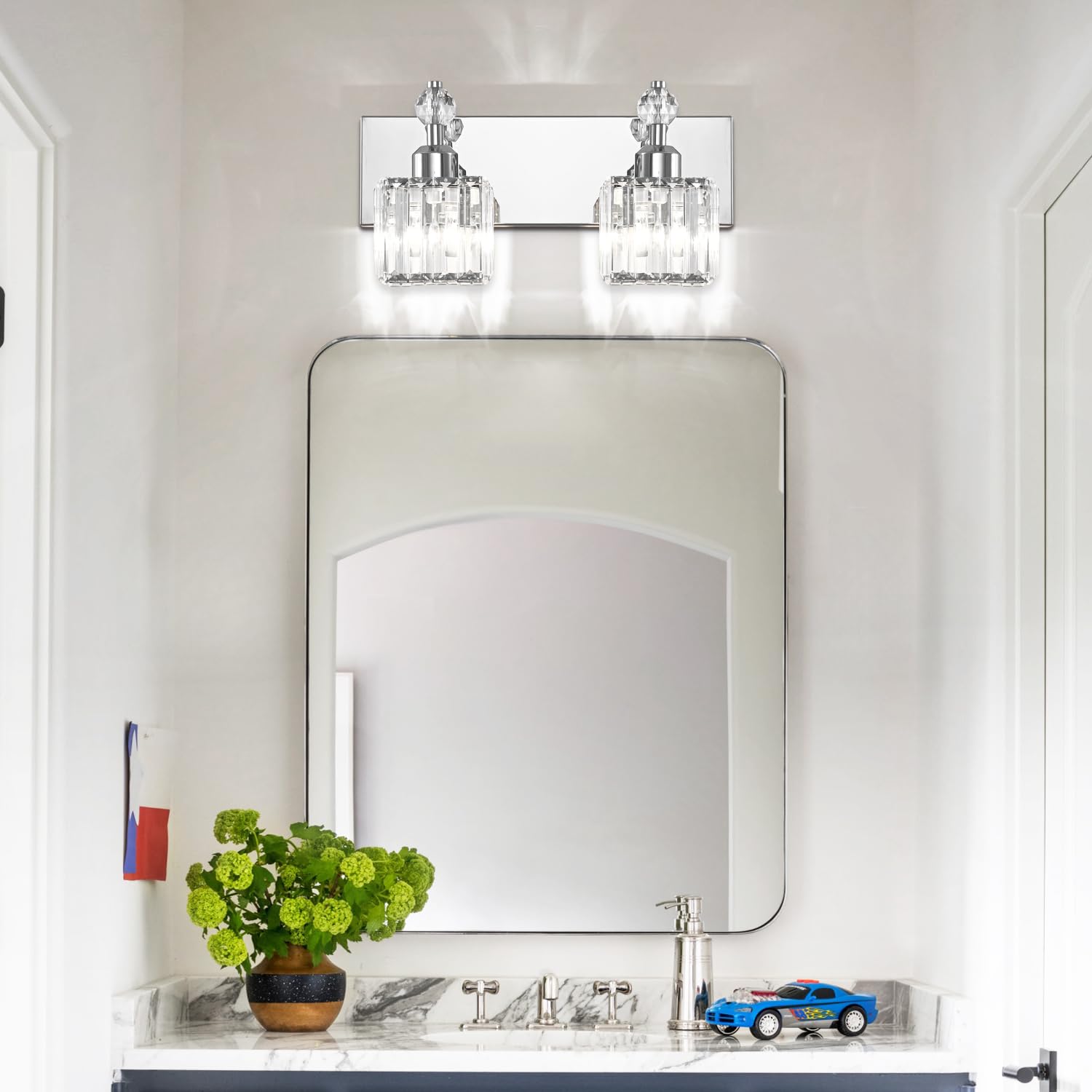 PRESDE Chrome Crystal Bathroom Vanity Light Fixture - 2-Lights, Stainless Steel, Modern Design
