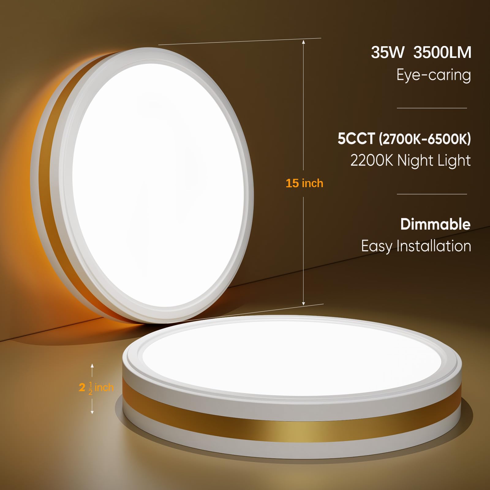 15 Inch Flush Mount Modern White Gold Led Ceiling Light With Night Light, 5Cct 35W 3500Lm 2700K-6500K Adjustable, Dimmable Light