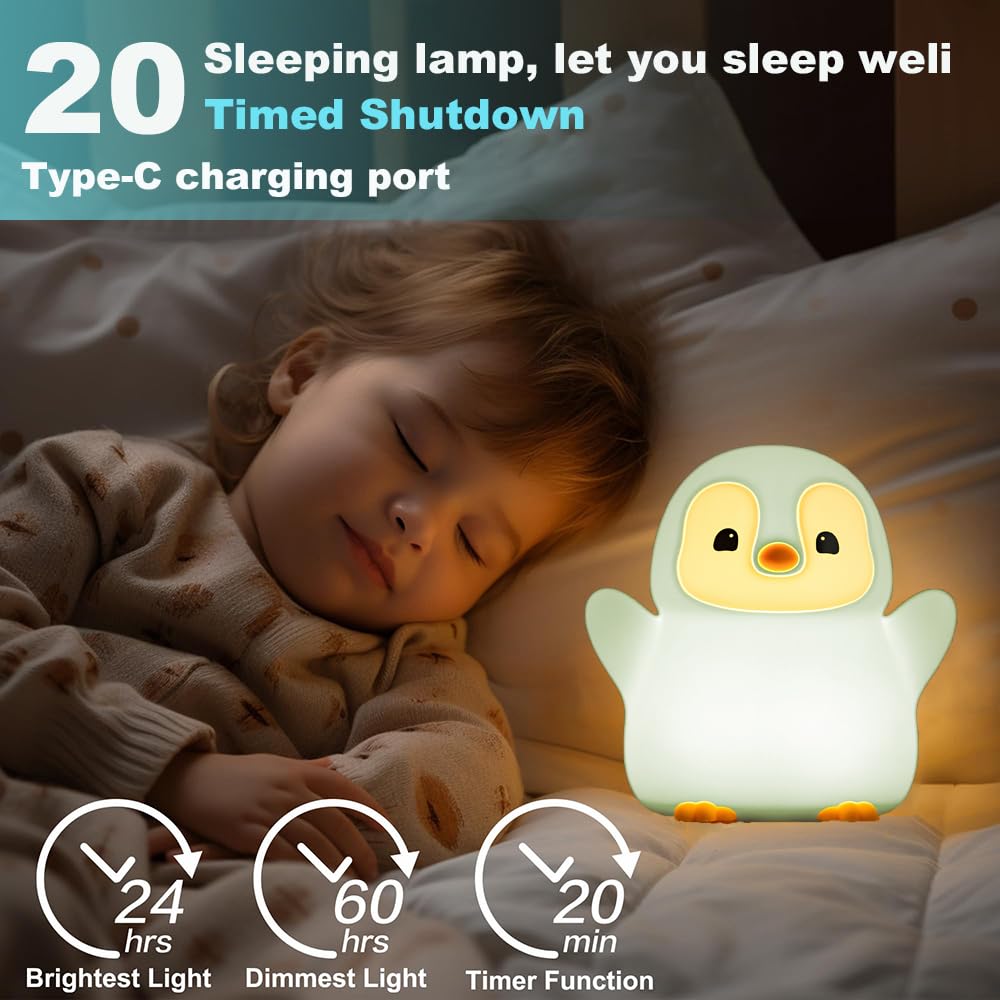 KangTen CHEN Cute Penguin Night Light, USB Rechargeable Bedside Lamp, Silica Gel, Blue Penguin 1, Model DS-PG-01
