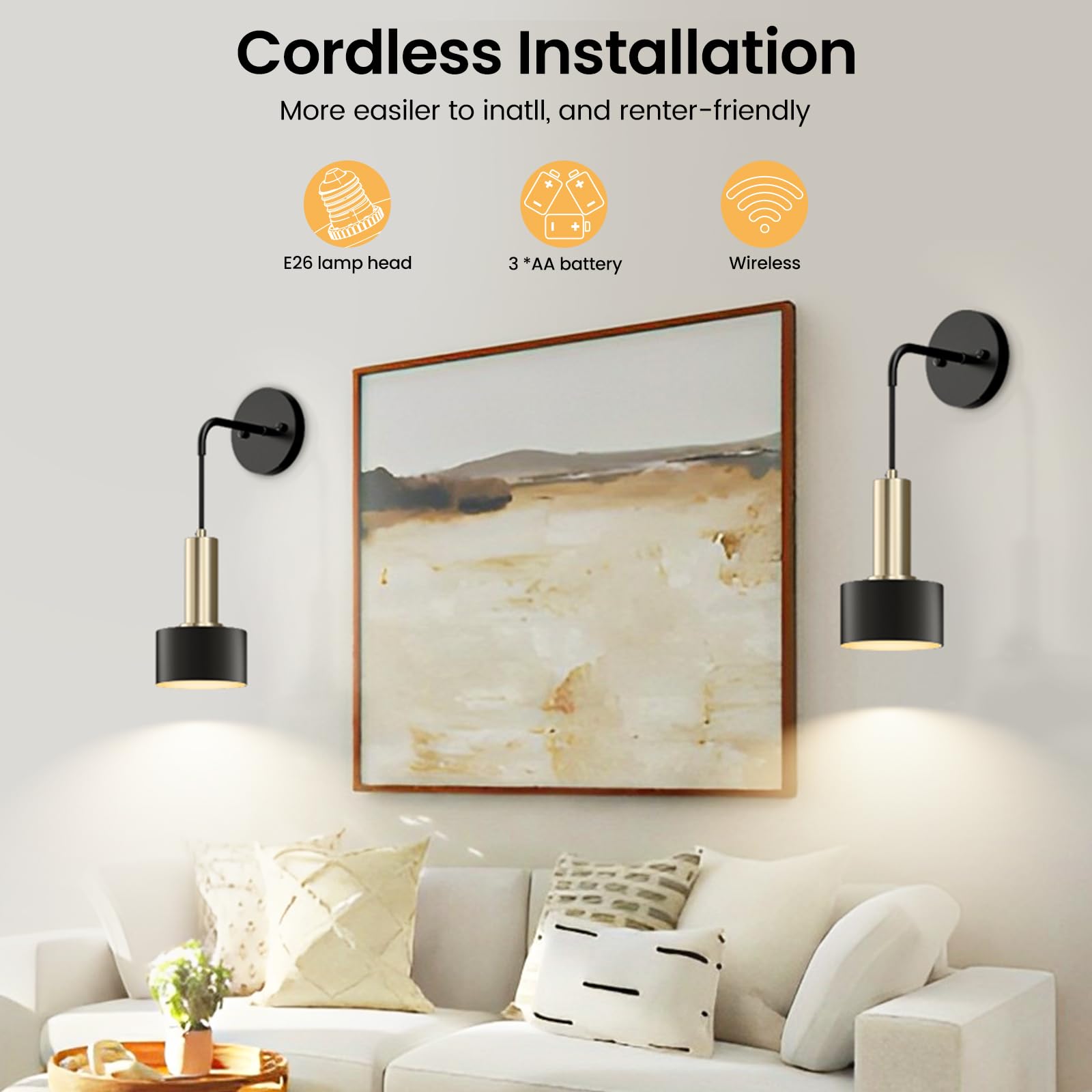 Eclipterra Dimmable RGB Wall Sconce Set of 2, Battery Operated Metal Lamps for Bedroom Living Room, Black, Model EC-Wall Sconce 05