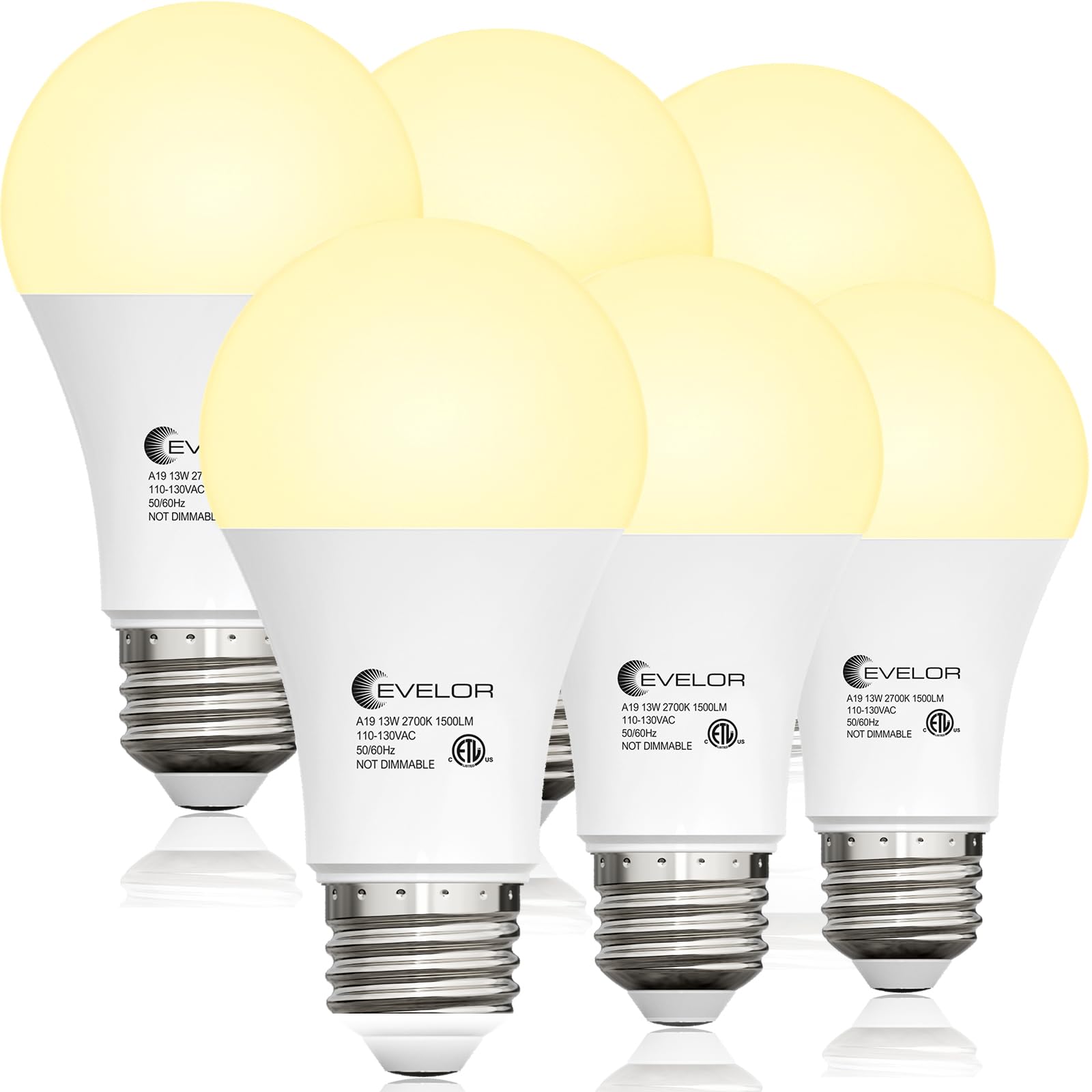 evelor 6-Packs A19 LED Light Bulbs,100 Watt Equivalent 2700K Soft Warm White Bright Bulbs Efficient 13W,1500 Lumens E26 Base, No