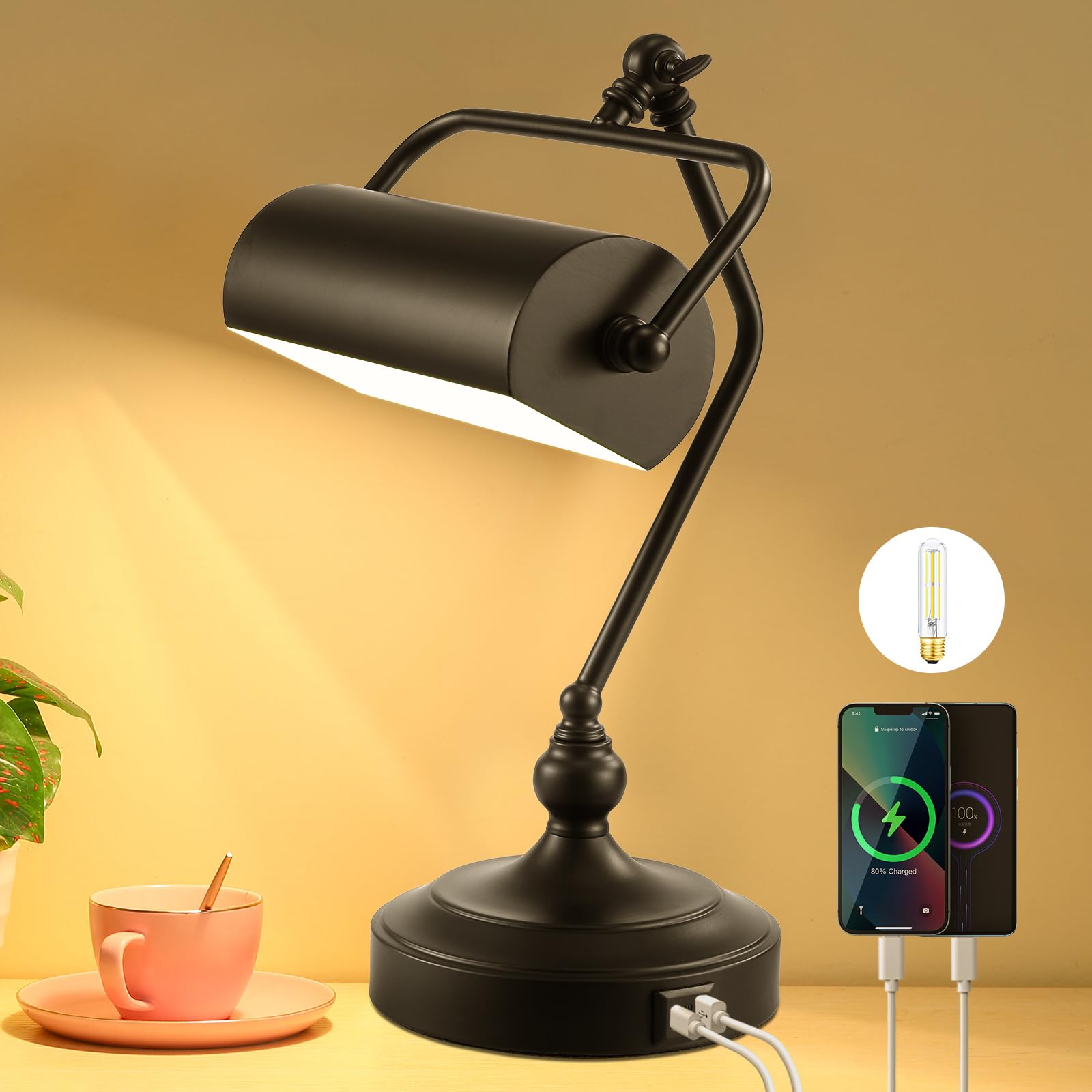 CONCA Classic Antique Touch Adjustable LED Desk Lamp, Bank Lamp, Piano Lamp, Eye Protection Table Lamp with Output Charging Port