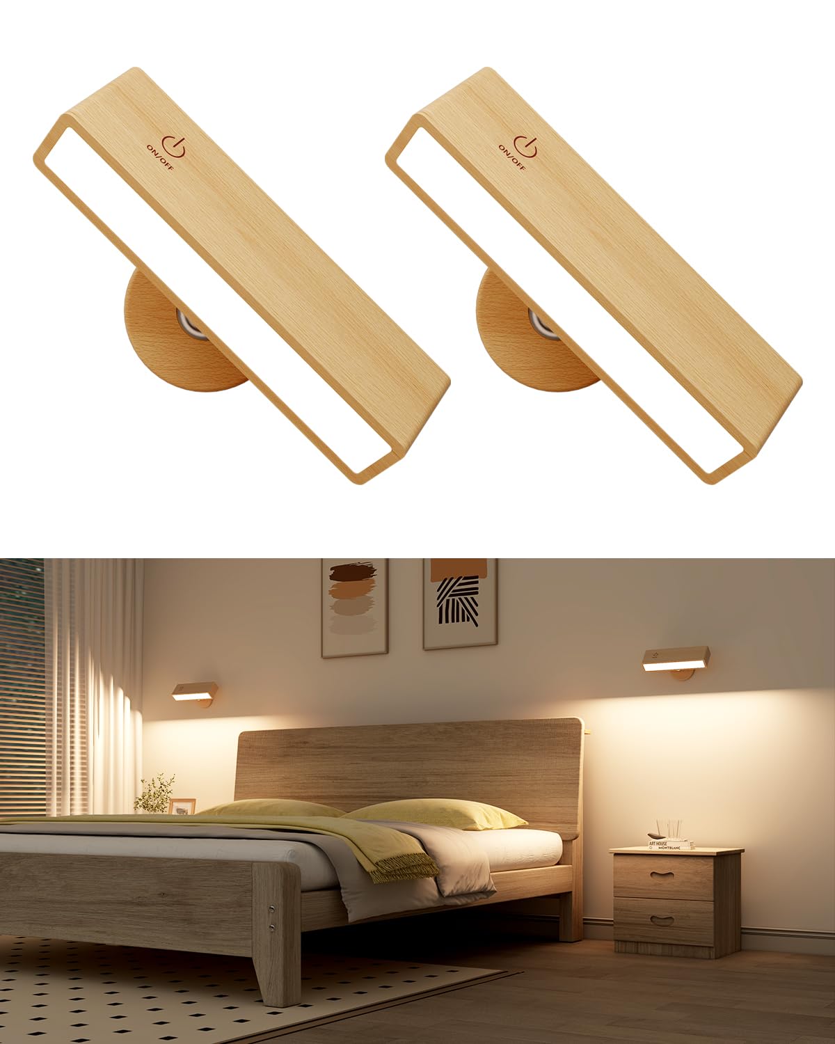 Yilaie Wall Sconces Battery Operated Set Of Two,Rechargeable Wall Lights For Bedroom,Wall Lights Wireless Dimmable,Wood Wall Sco