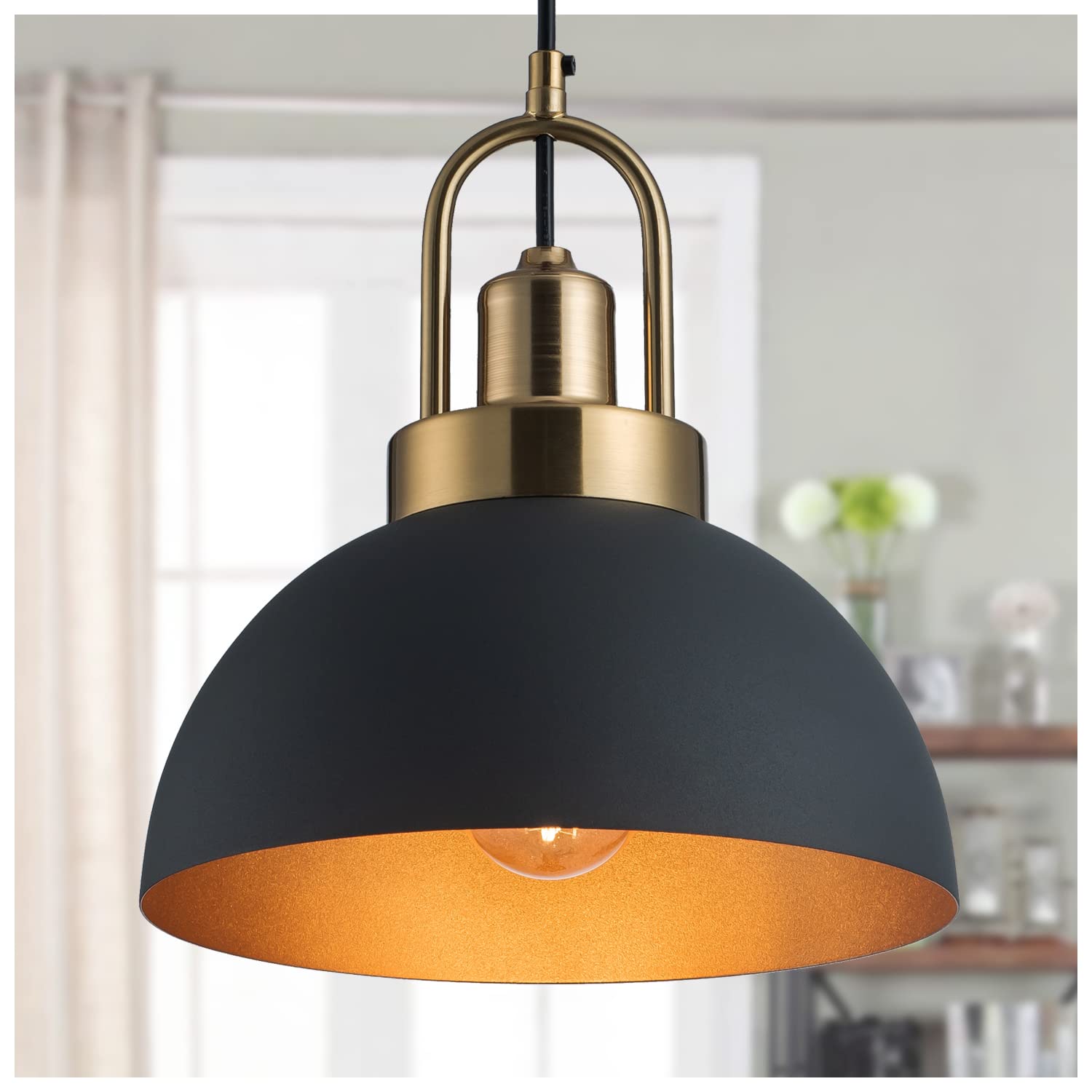 YHANFENGCY Vintage Pendant Light Black and Gold 9.84in Brass Socket Industrial Dome for Kitchen Island, Dining Room, Bedroom