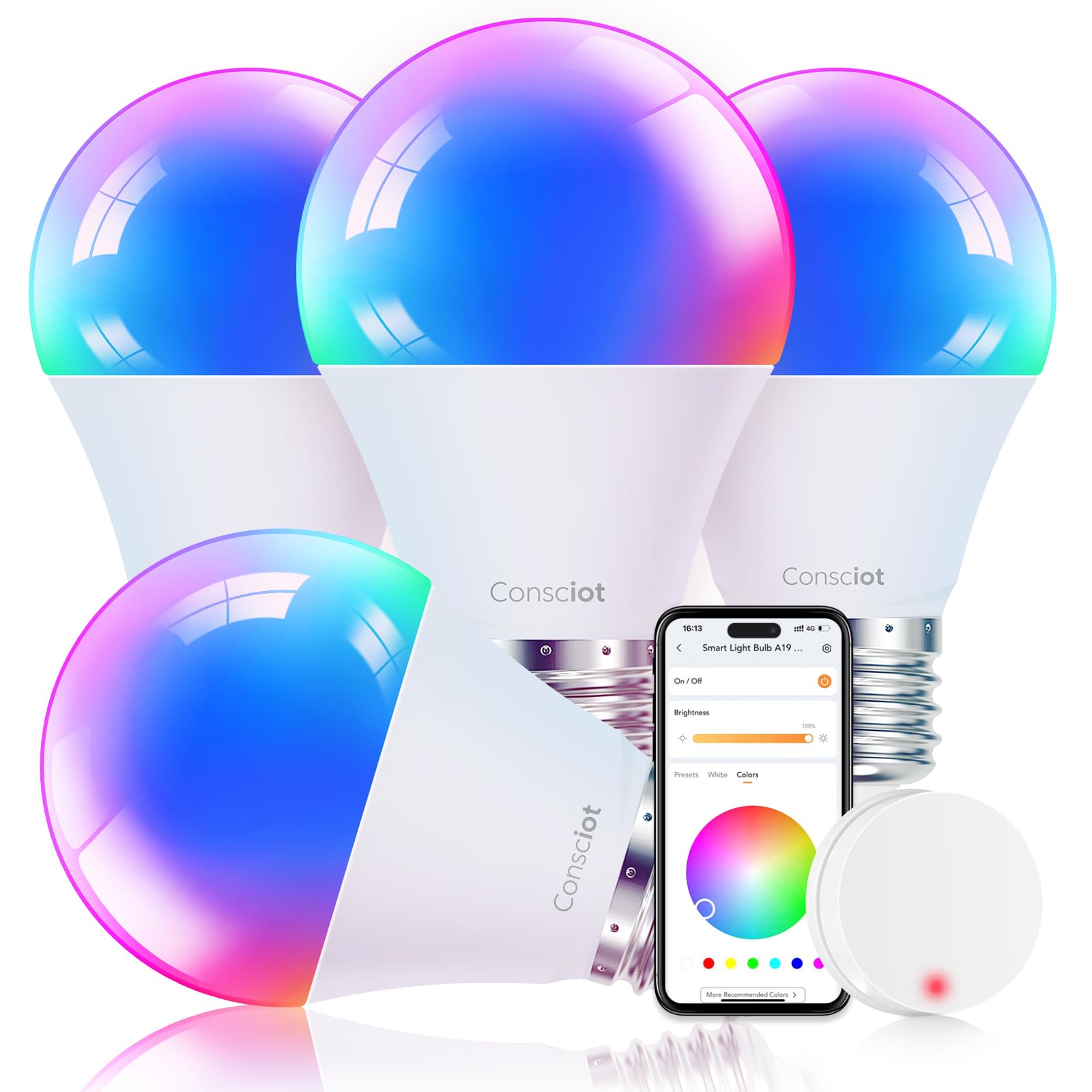 Consciot Smart Light Bulbs With Remote Control, Led Light Bulb That Compatible With Alexa & Google Home A19 E26 2.4Ghz Wifi Ligh