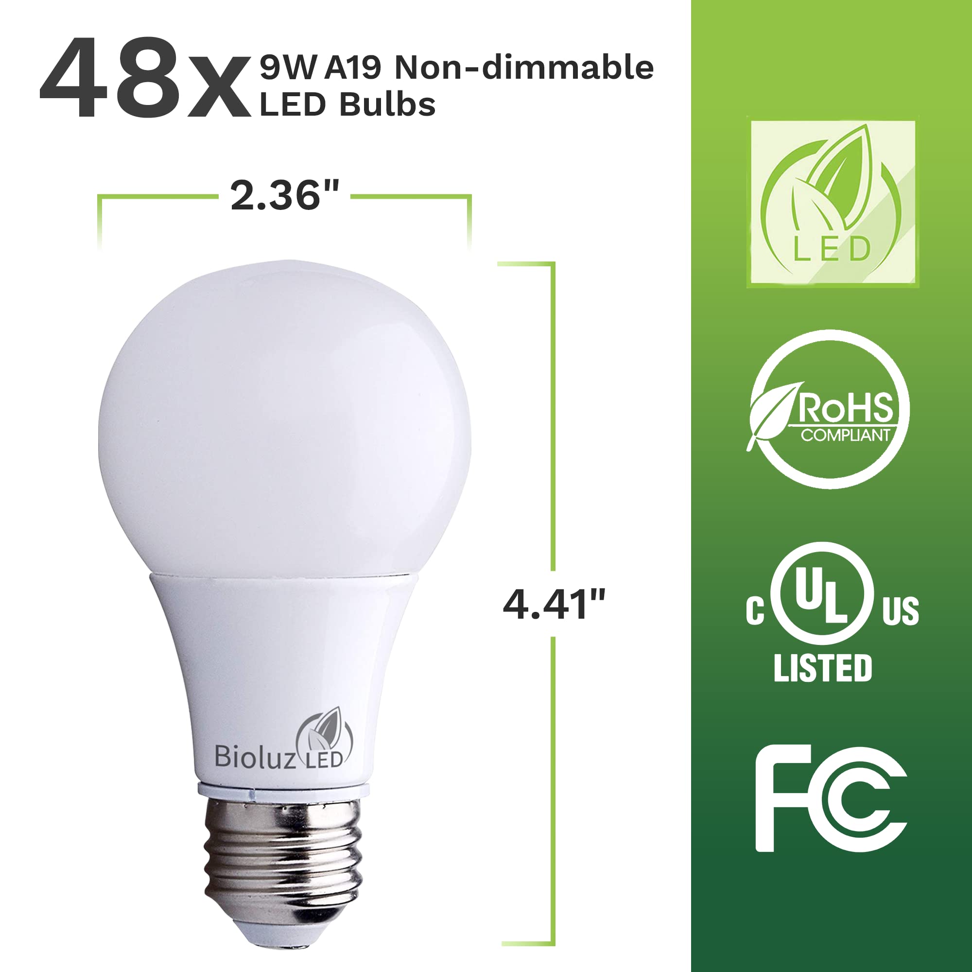Bioluz LED Light Bulbs A19, 9W Non-Dimmable, 2700K Warm White, 48 Count, Plastic