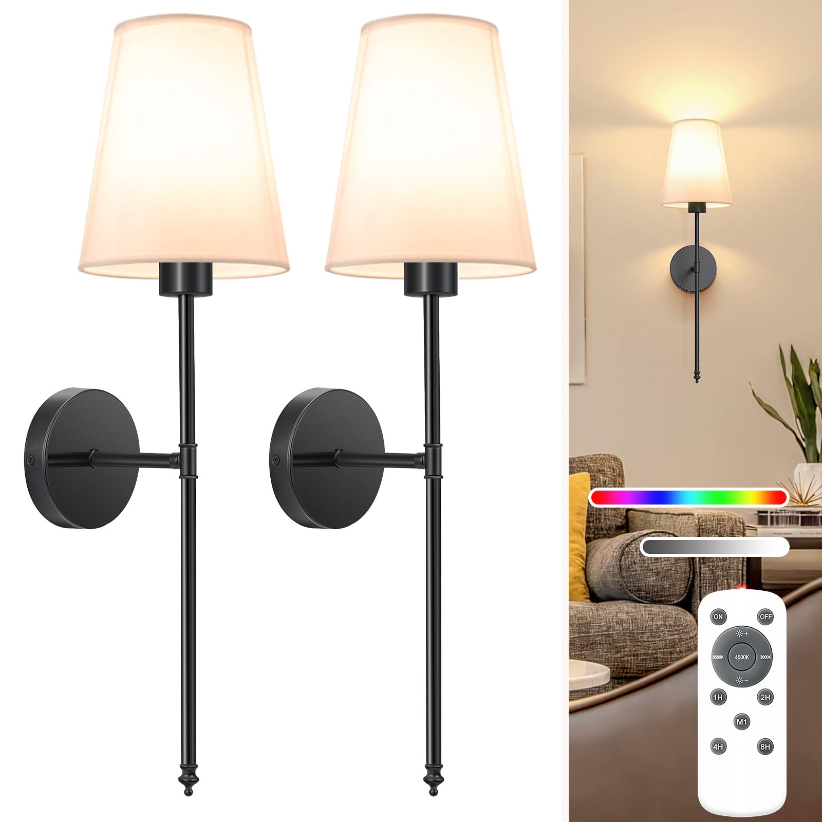 NIORSUN Wall Sconce Set of 2, 25.4 inch Black Battery Operated Lights, Dimmable Detachable Bulbs, Remote Control, Model SW039
