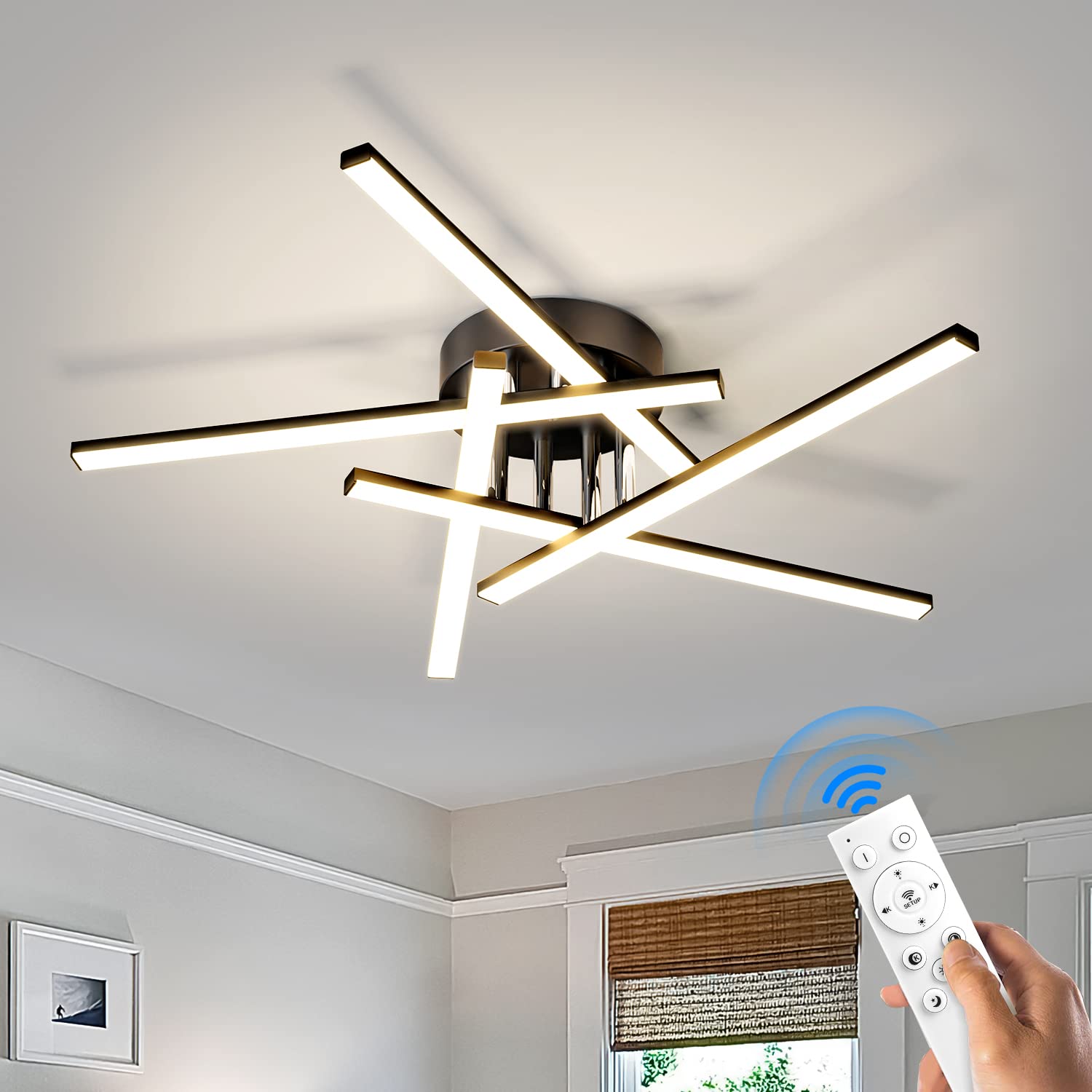 JFHTNFJ 42w Modern Sputnik Ceiling Light Fixture LED Dimmable with Remote Control Ceiling Lighting Black Flush Mount Chandelier