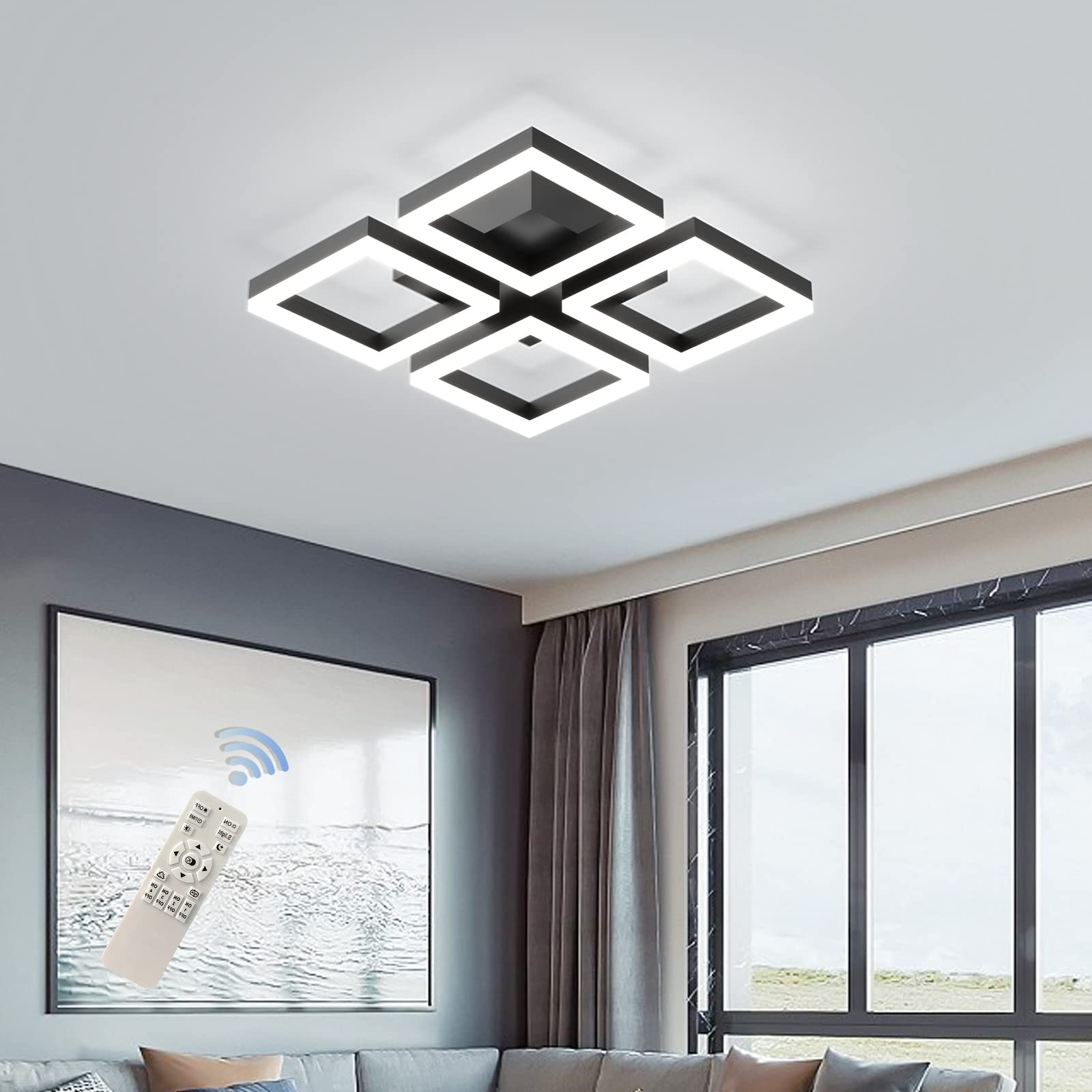 Geadi Led Ceiling Light, Modern 4-Square Ceiling Lamp 52W Dimmable Flush Mount Ceiling Chandelier For Living Dining Room Bedroom