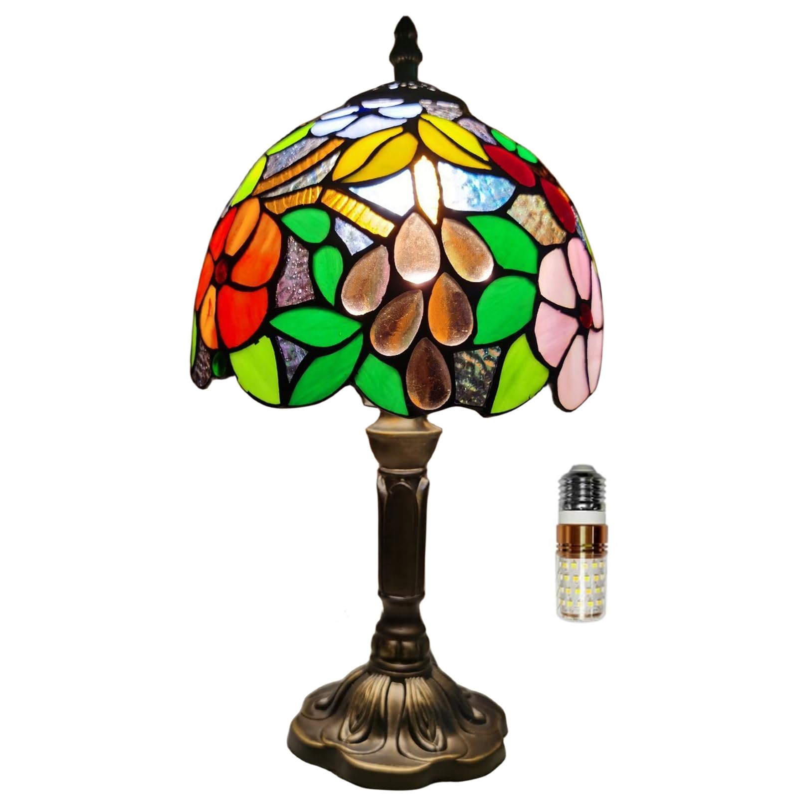 Tuomoxte Tiffany Style Table Lamp, 8 Inch Small Antique Lamp, Stained Glass Lamp, Flower And Grape Pattern, For Bedside Nightstand Bedroom Living Room Home Office, Include Led Bulb