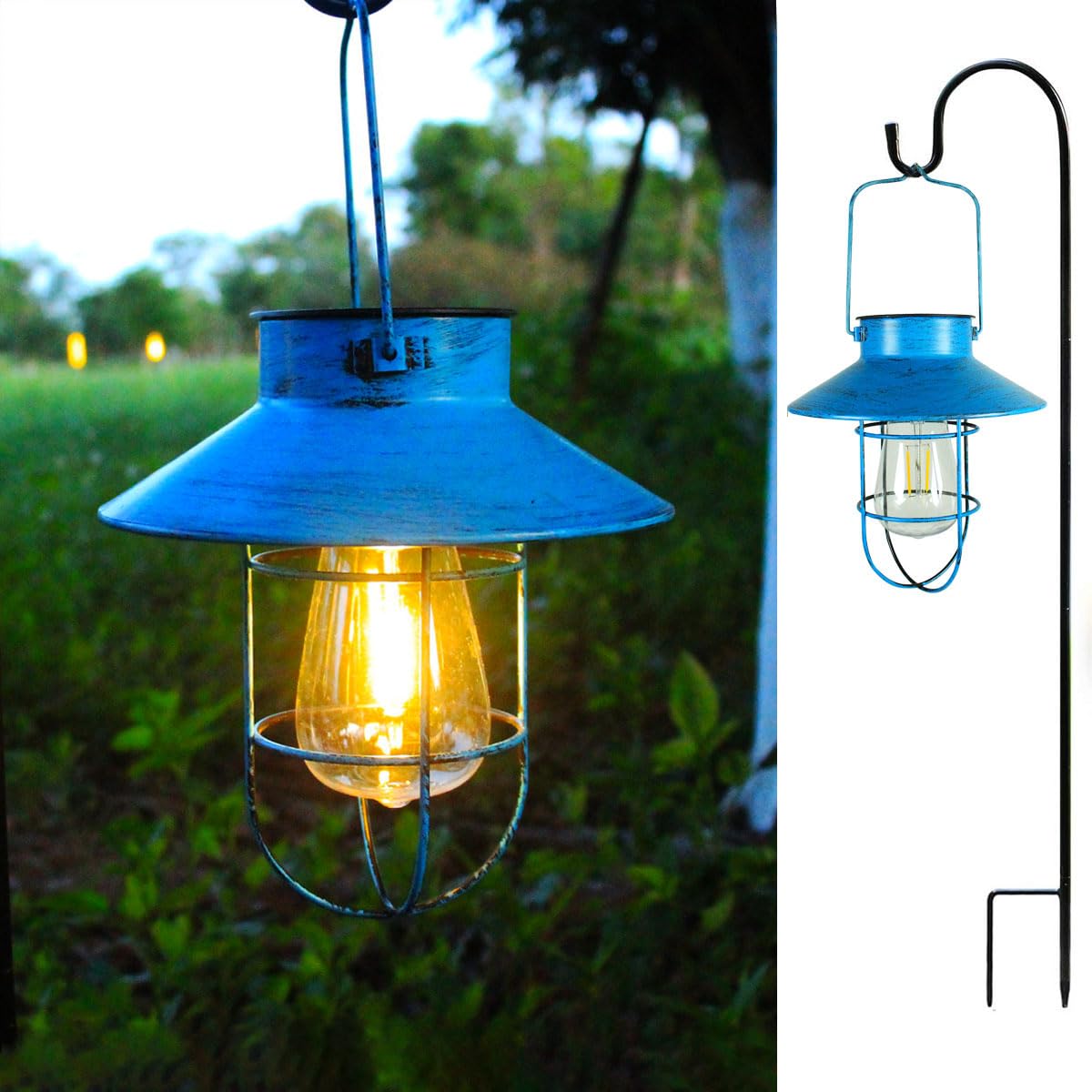 2 Pack Hanging Solar Lantern Lights with Shepherd Hook, Metal Waterproof Warm White Edison Bulb Lights for Garden Outdoor Pathwa
